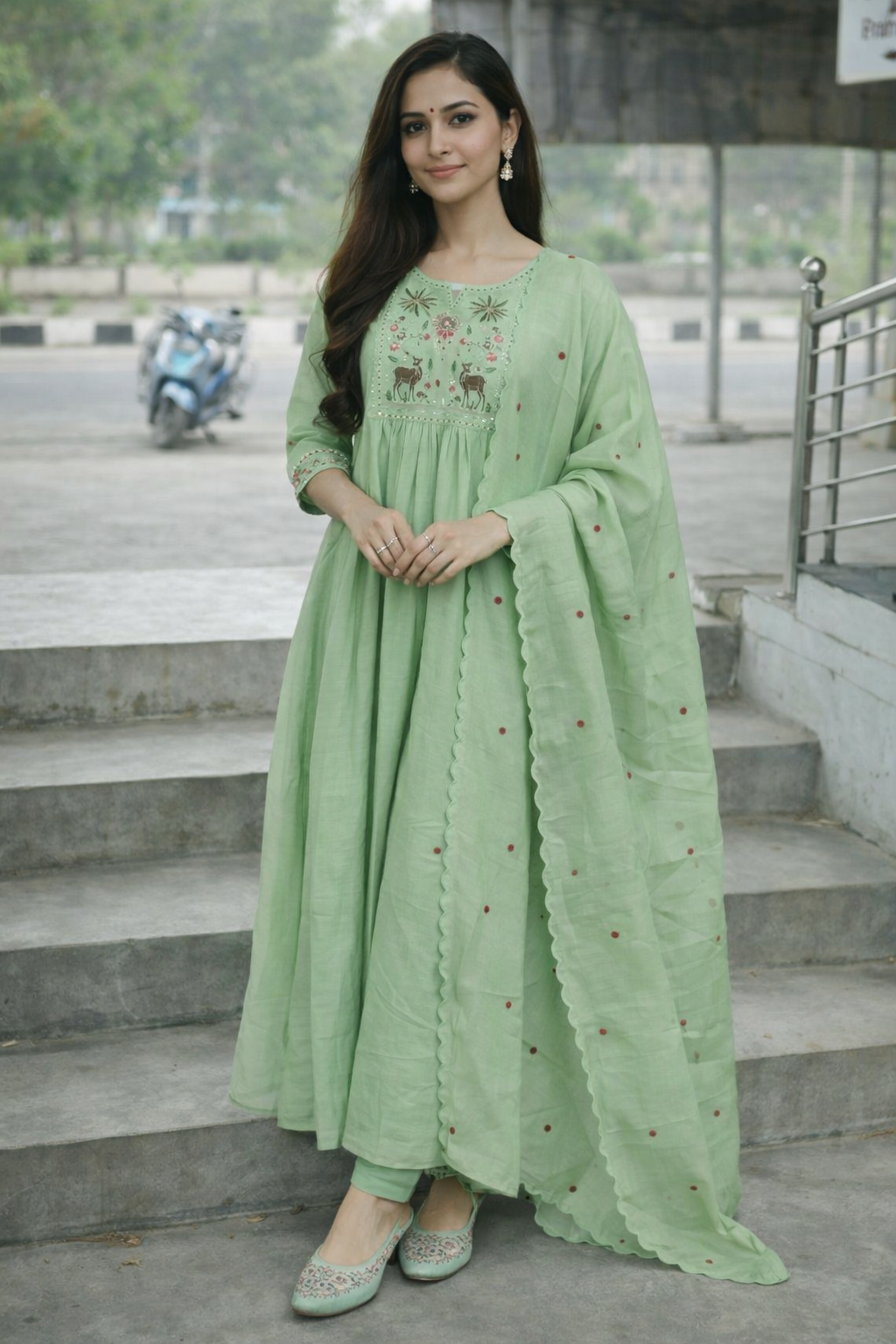 Size-M Trending Mul chanderi in Beautiful pista green color 3 piece an   Dwanees Online Store