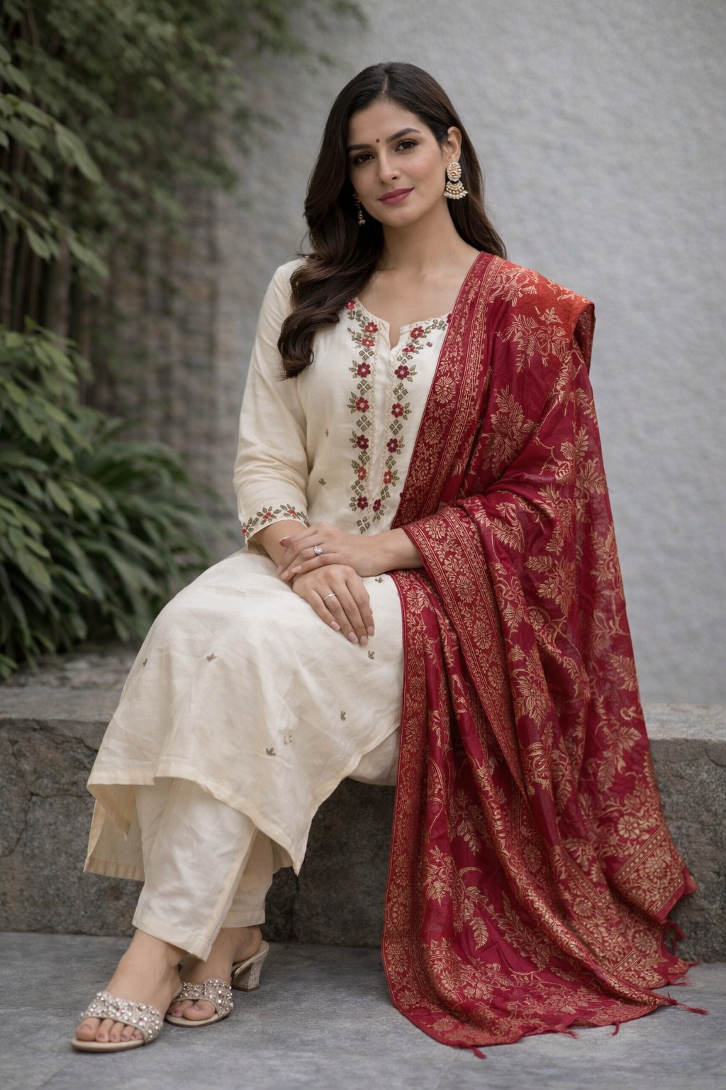 Beautiful Off white Maggam work 3 piece suit set