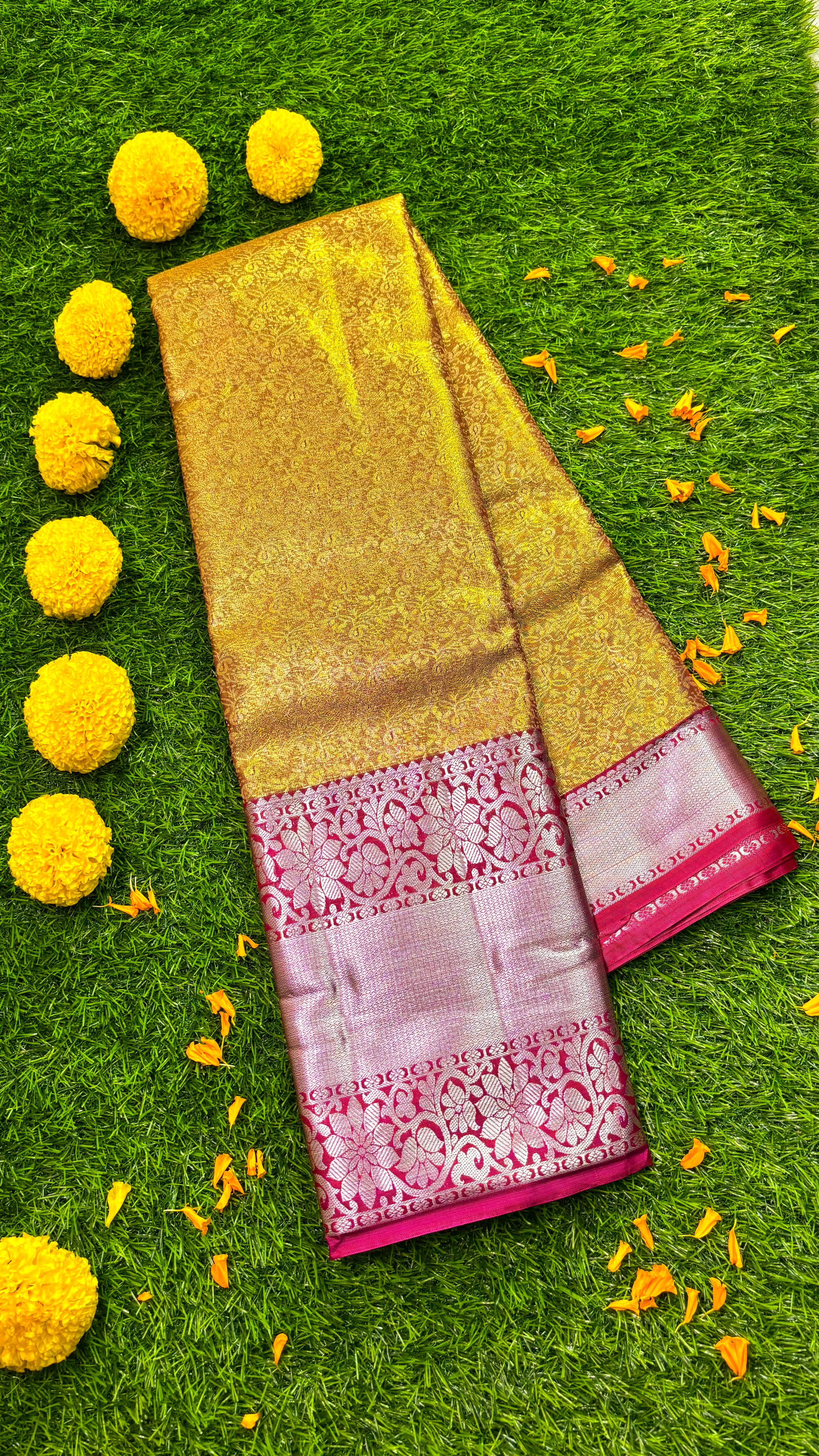 Golden Yellow Silk Saree with Rich Pink Zari Border