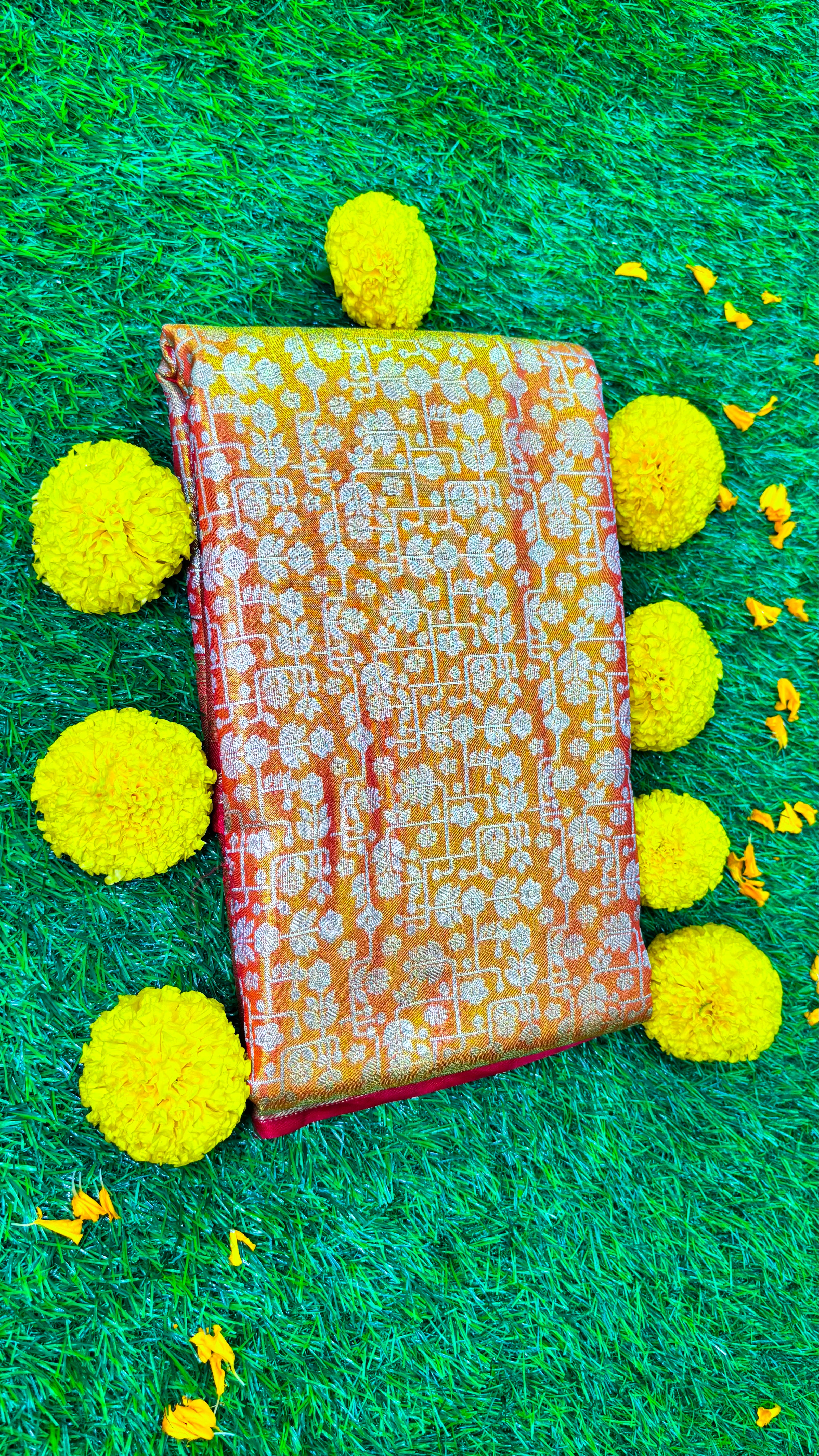 Golden Orange Silk Saree with Pink Zari Border