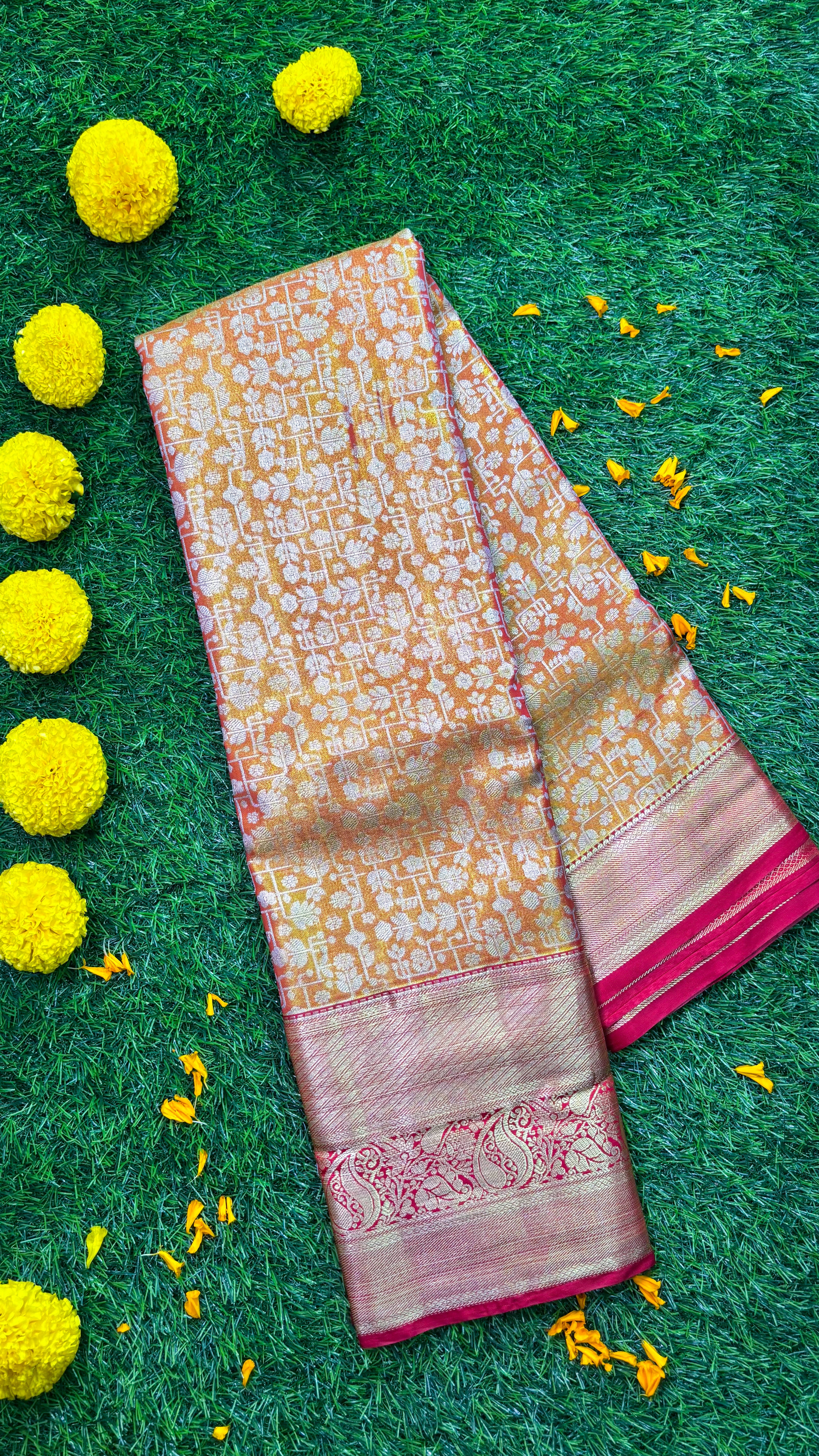 Golden Orange Silk Saree with Pink Zari Border