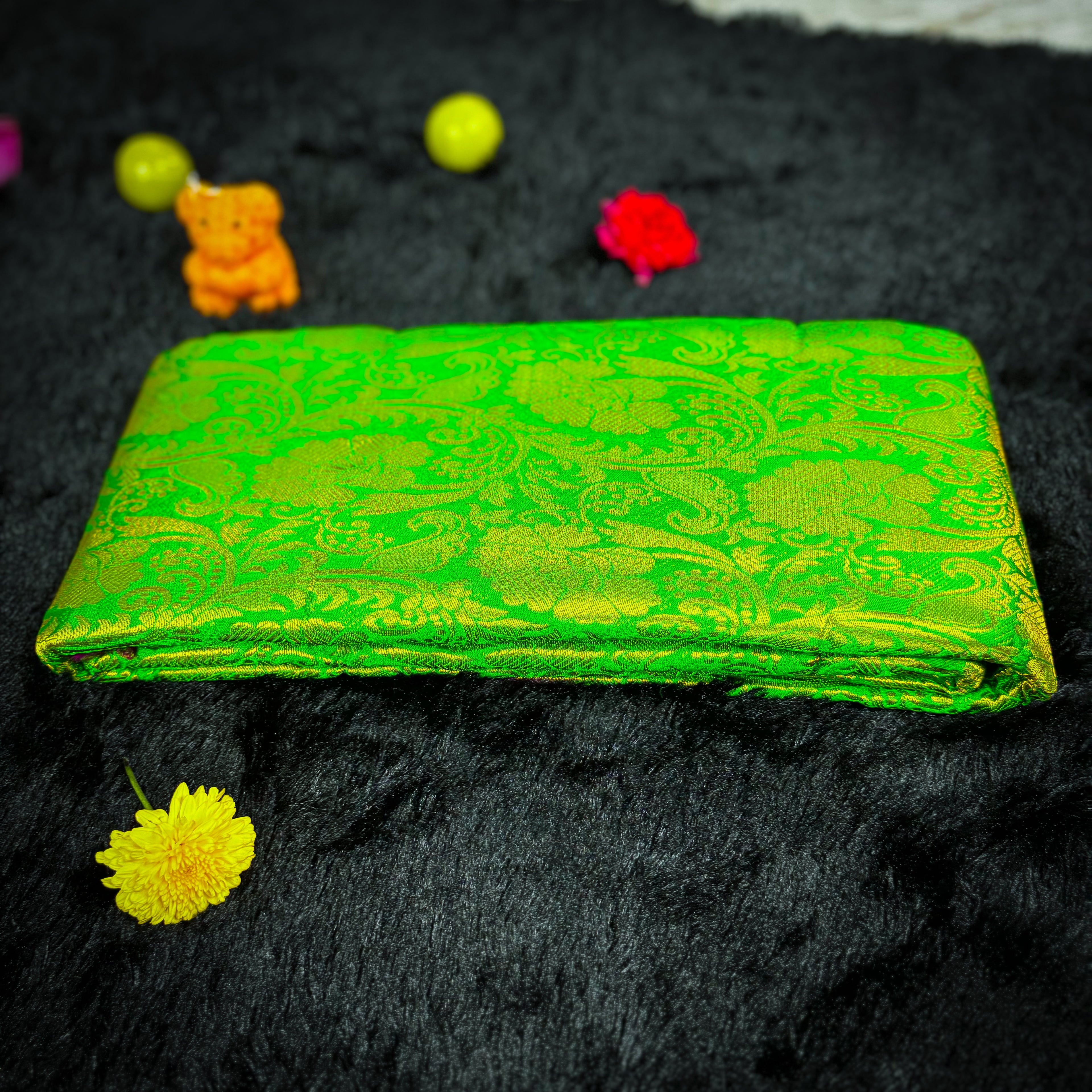 Vibrant Parrot Green Silk Saree with Pink Zari Borde