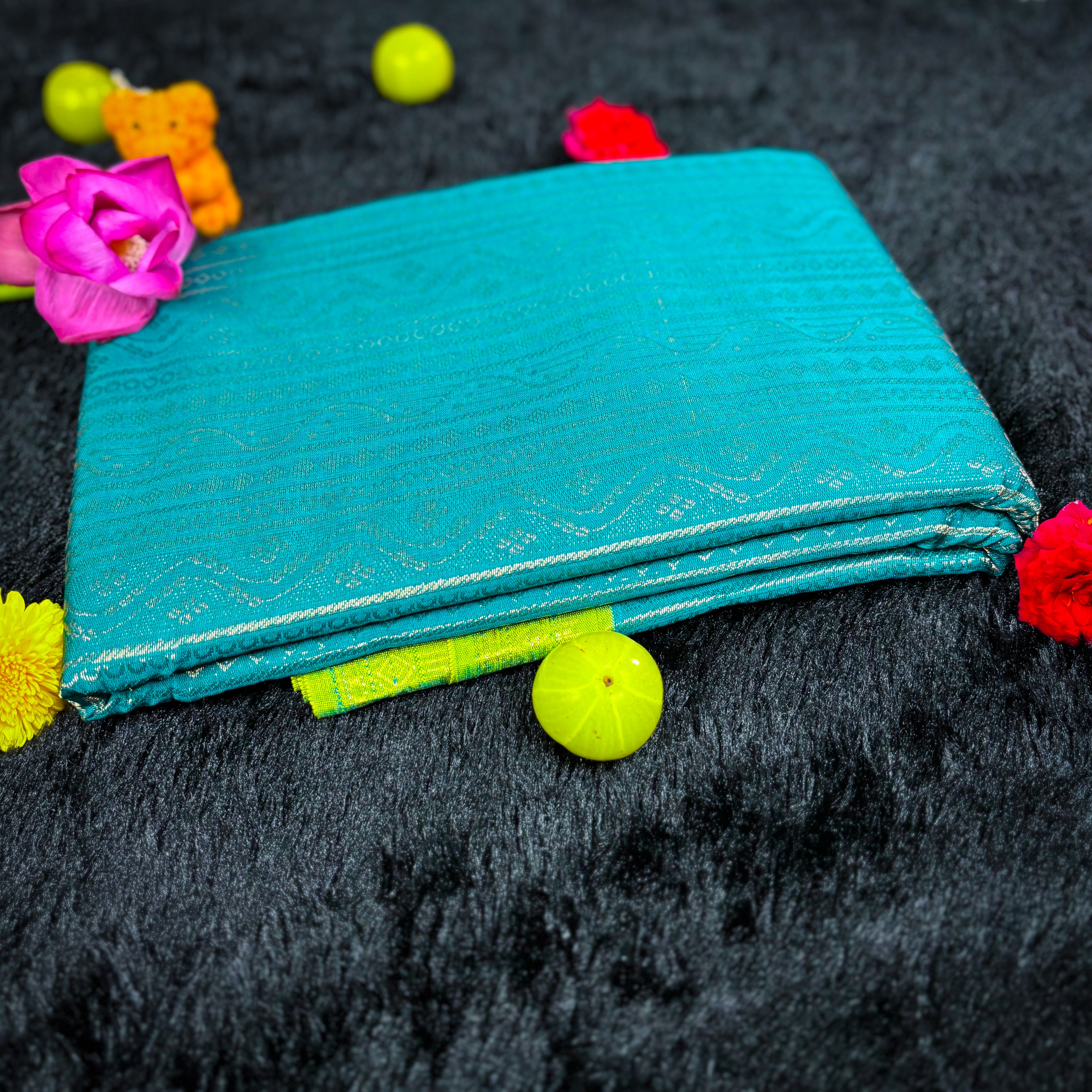 Elegant Sky Blue Silk Saree with Lime Green Zari Border