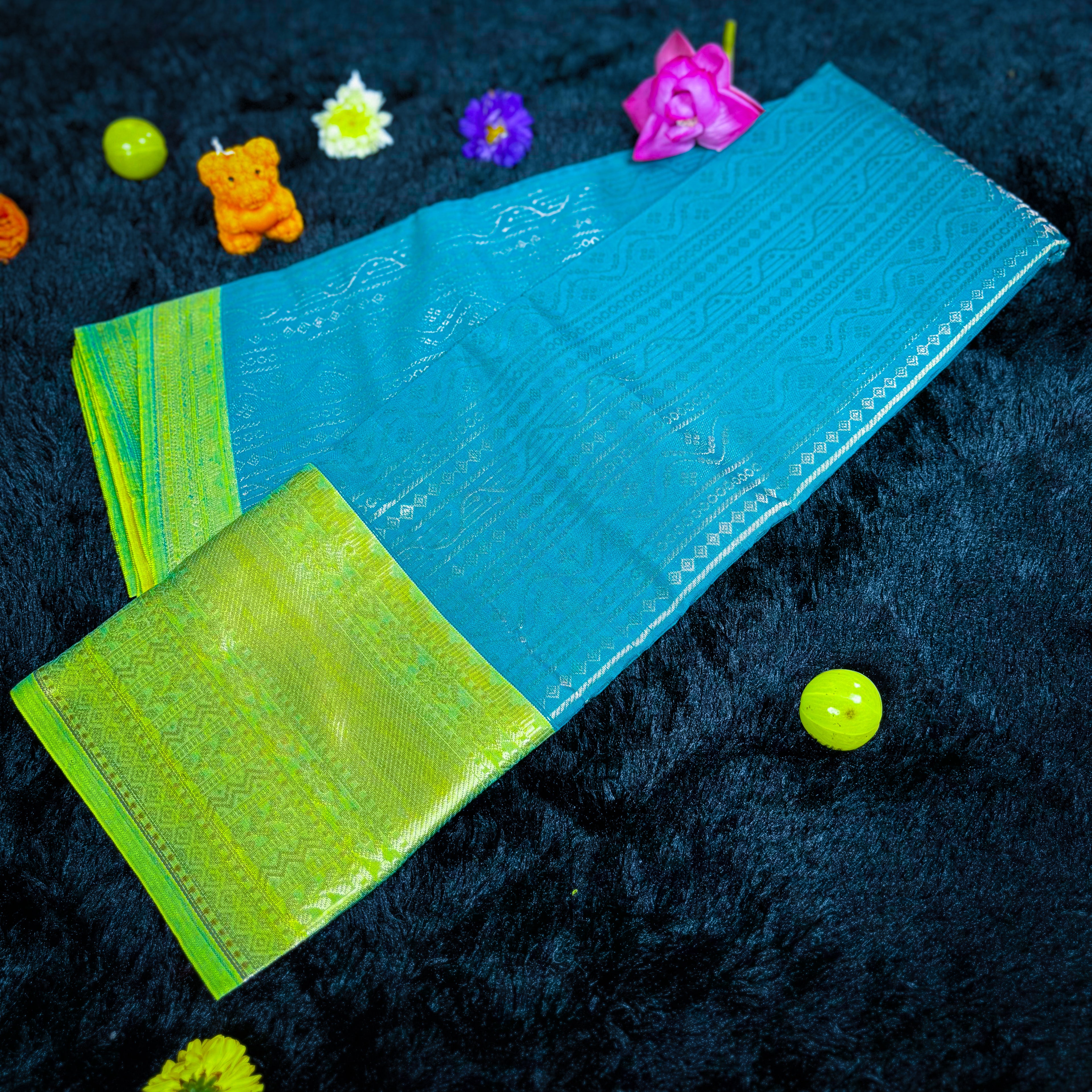 Elegant Sky Blue Silk Saree with Lime Green Zari Border