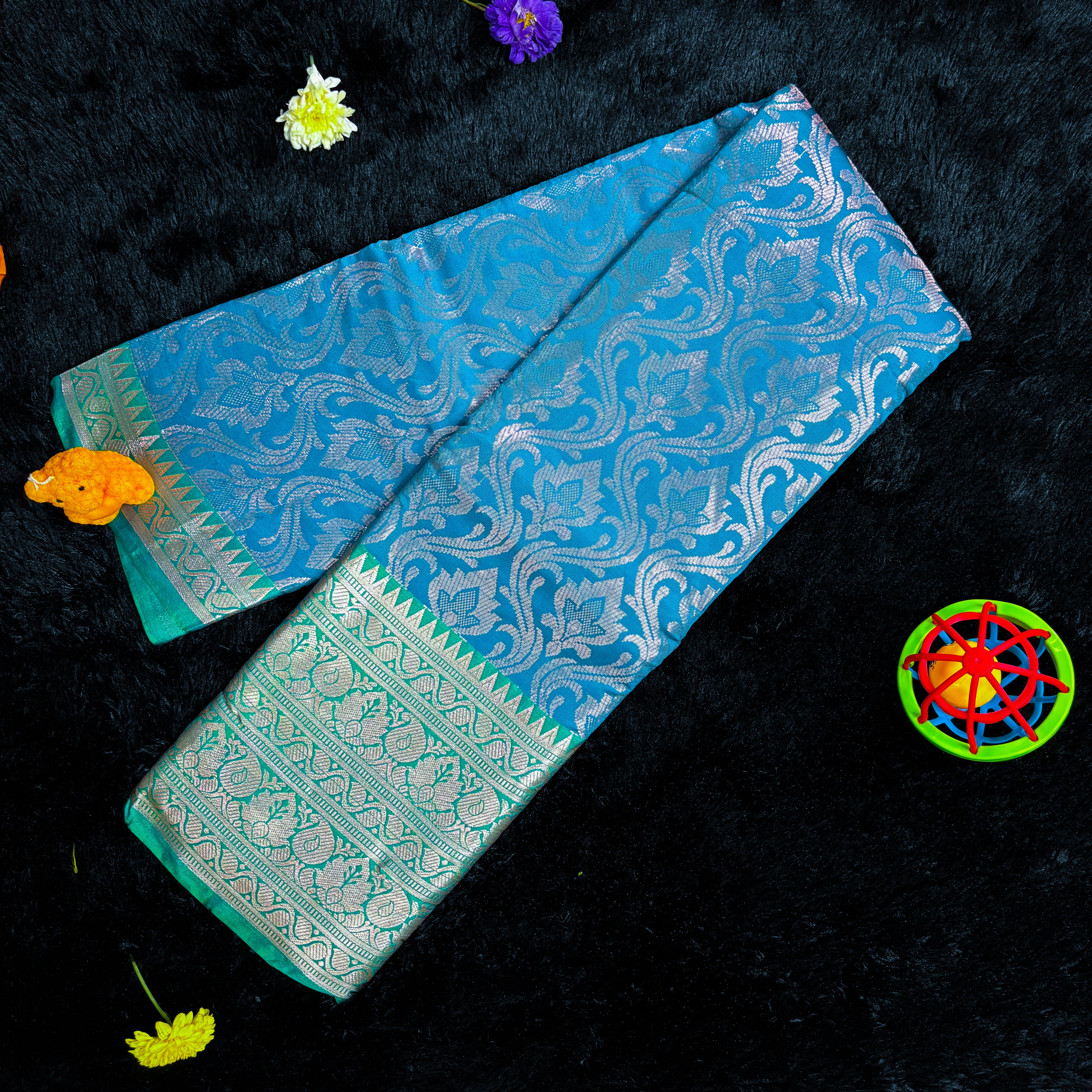 Royal Sky Blue Silk Saree with Silver-Green Zari Elegance
