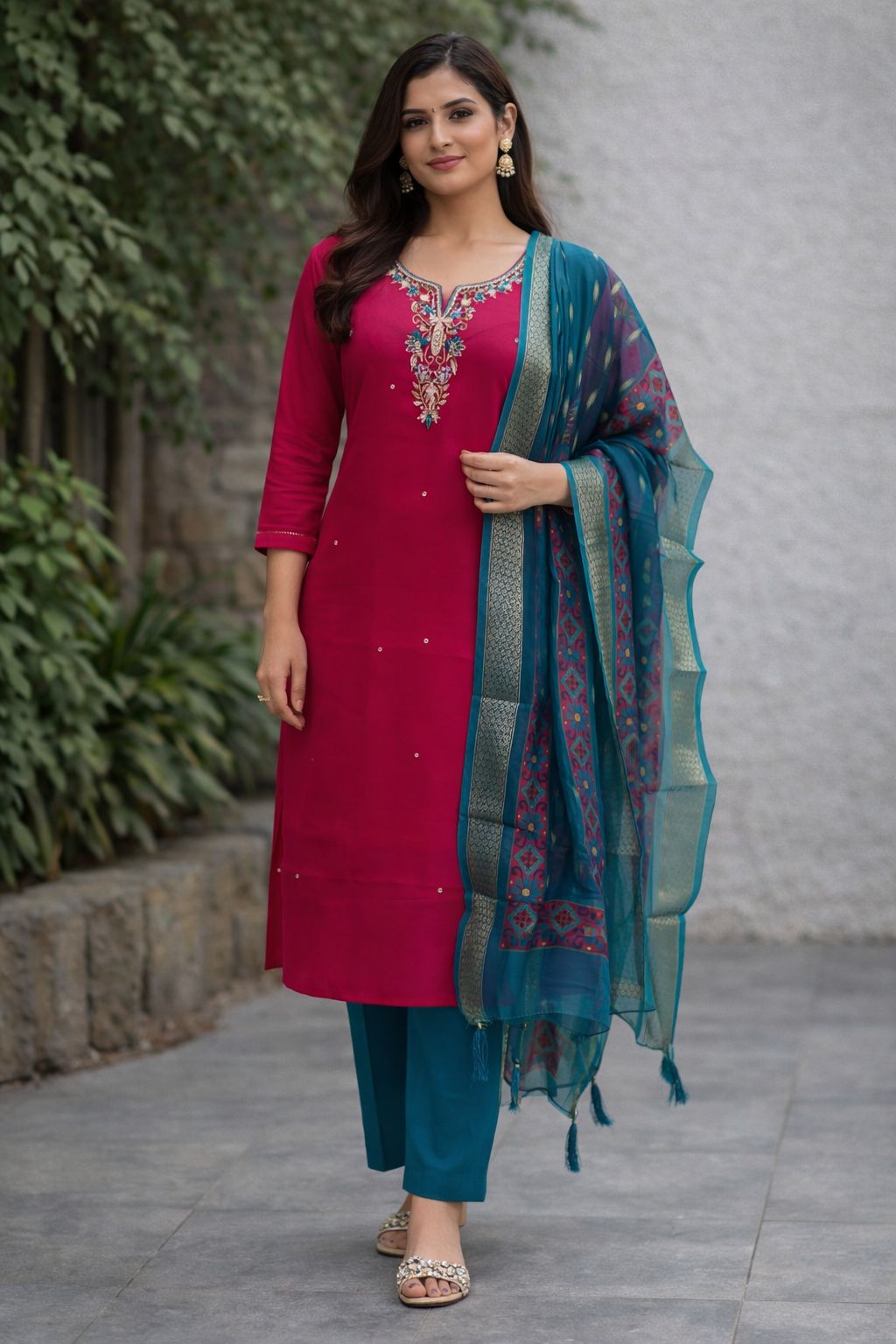 Beautiful Pink colour maggam work 3 piece suit set