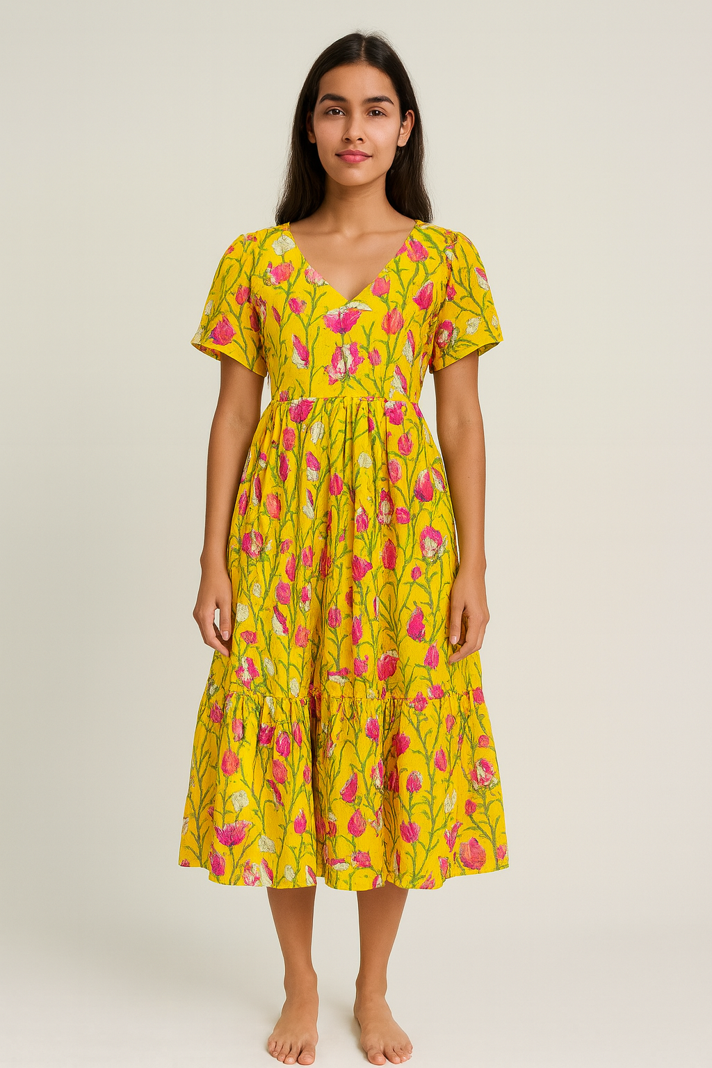 Beautiful yellow colour trending kalamkari dress