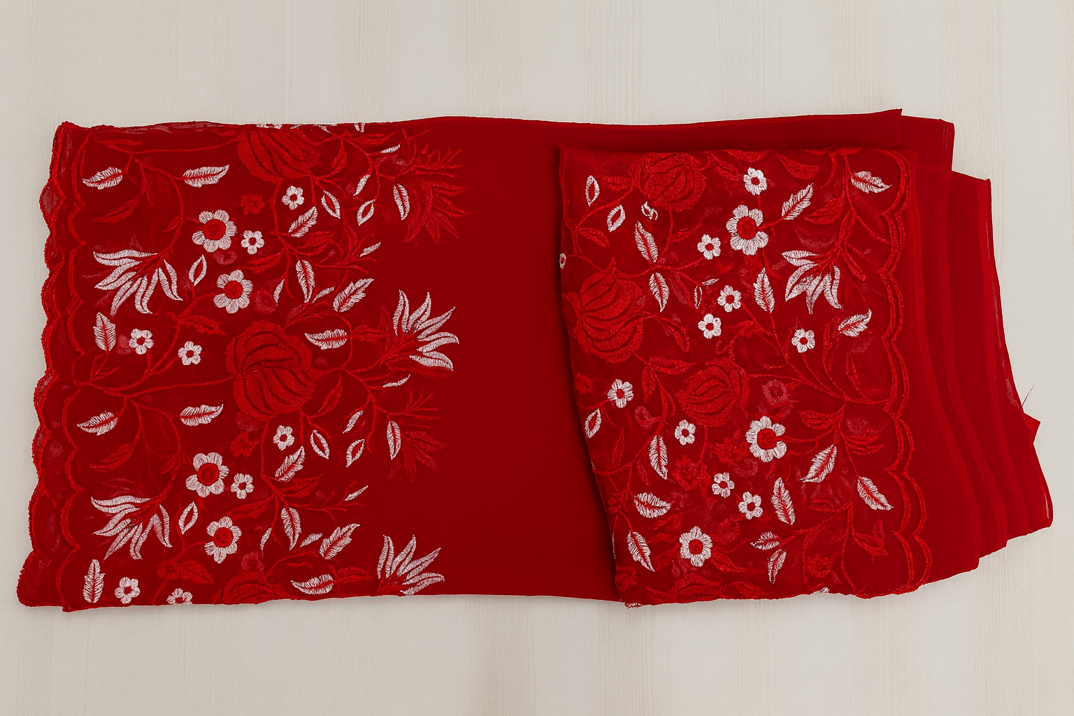 Red colour Embroidery work saree