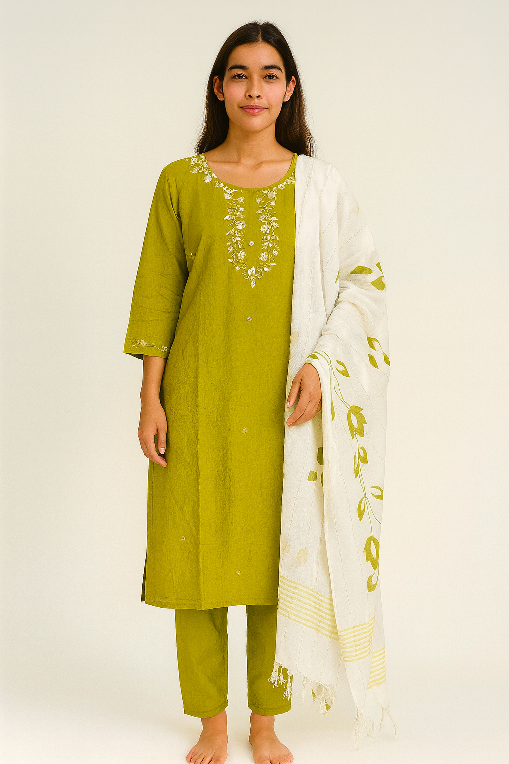 Beautiful olive Green Maggam work Suit set