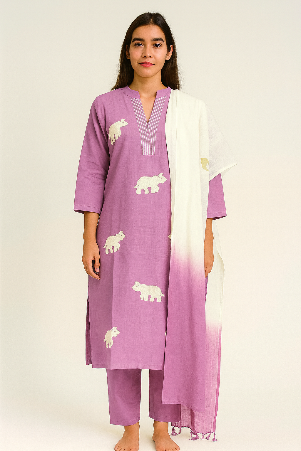 Beautiful Lavender Elephant embroidery work suit set