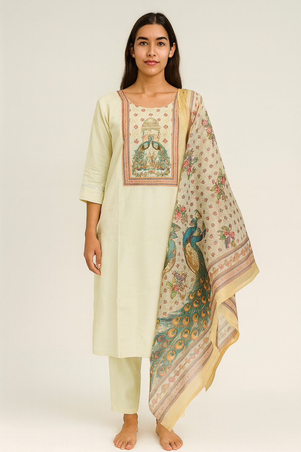 Beautiful cream colour and peacock printed maggam work suit set
