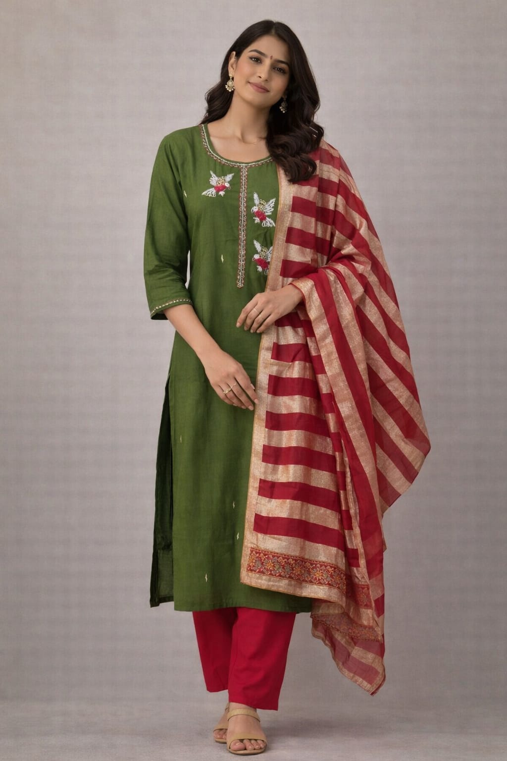 {Size-XXL} Beautiful mehandi green colour 3 piece suit set