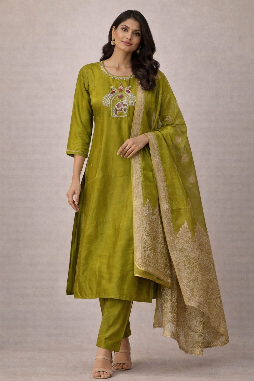 {Size-M} Graceful olive green Colour 3 piece suit set