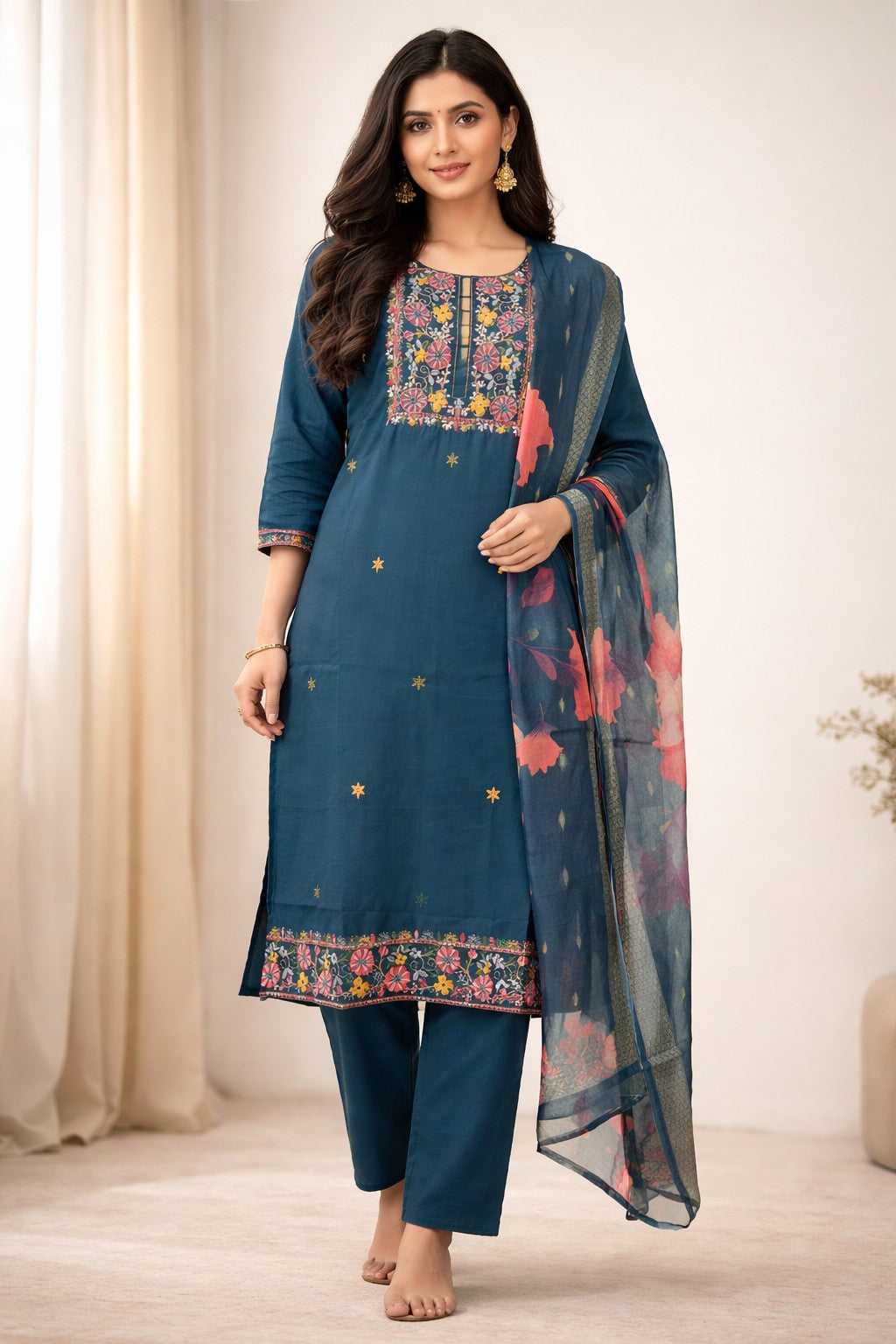 {Size-XXL} Beautiful teal blue color thread work 3 piece suit