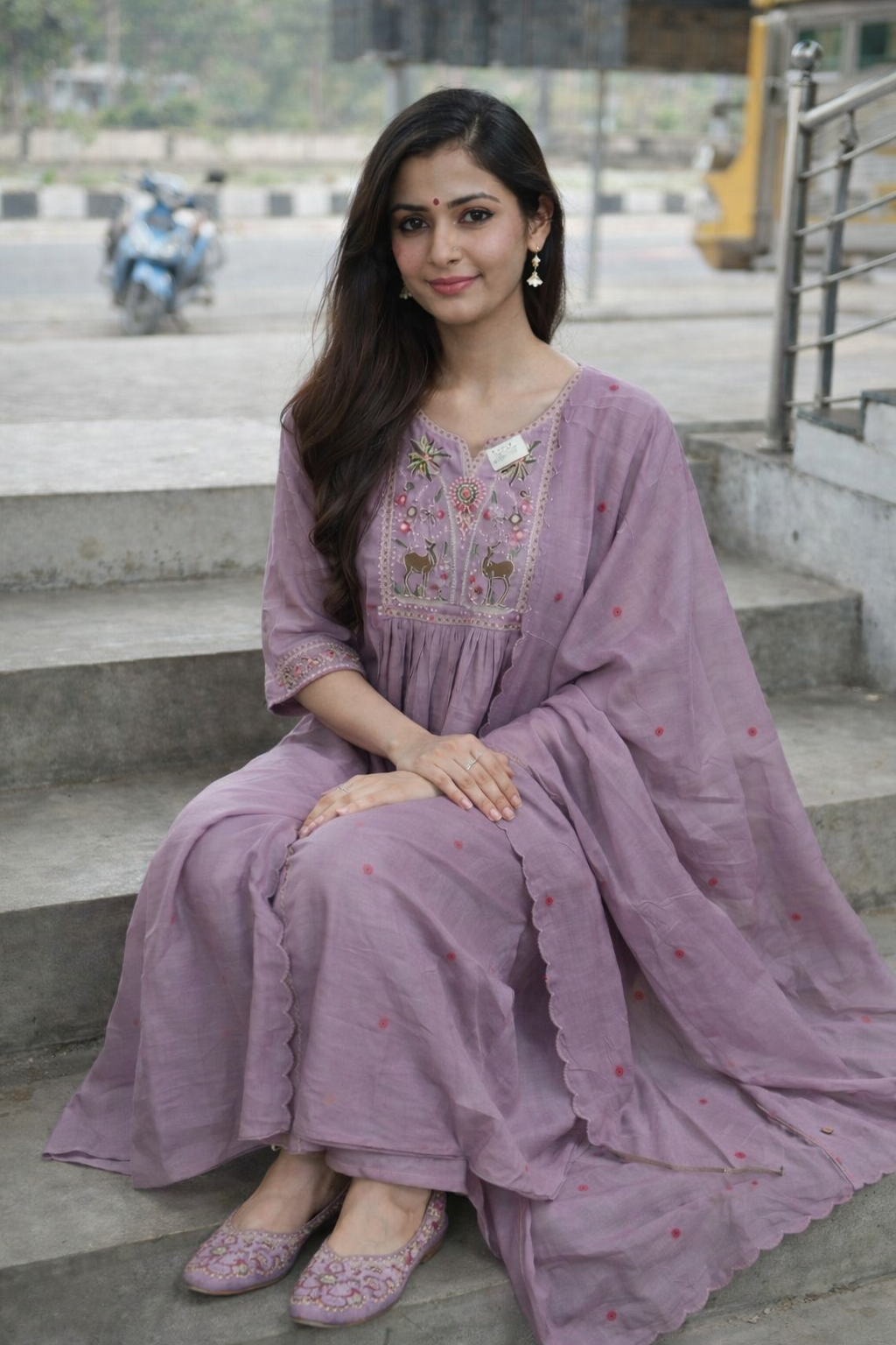 Size-XXL Trending Mul chanderi in Beautiful Lavender color 3 piece anarkali suit set with matching shoe pair