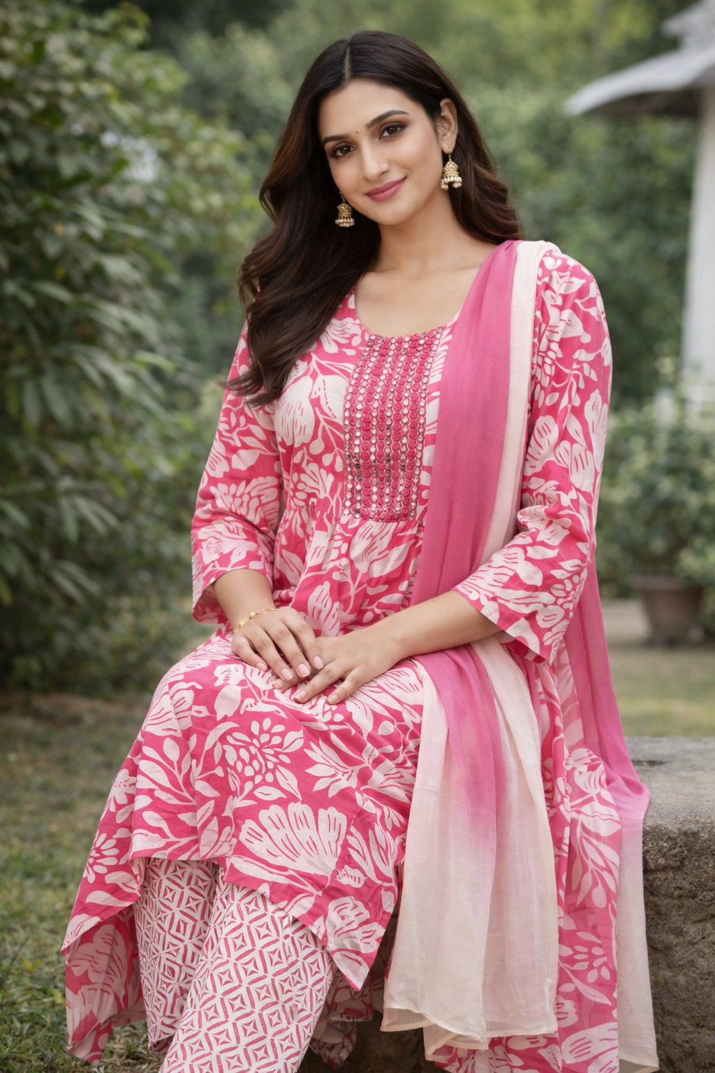 Size-5xl Beautiful pink white daily wear 3 piece suit set