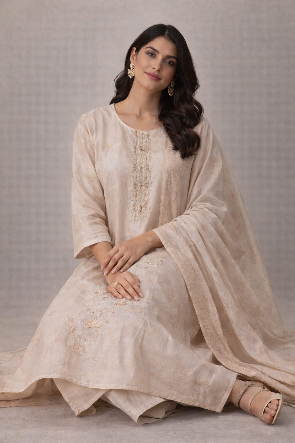 {Size-XXL} Graceful cream color maggam work 3 piece set