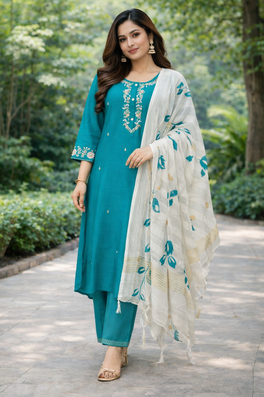 Size-3xl Gracefully sea blue color maggam work 3 piece suit set
