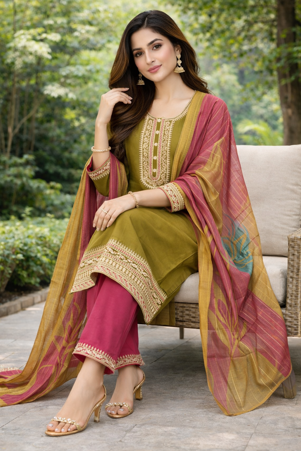Size-3xl Beautiful Mehandi green color 3 piece suit set