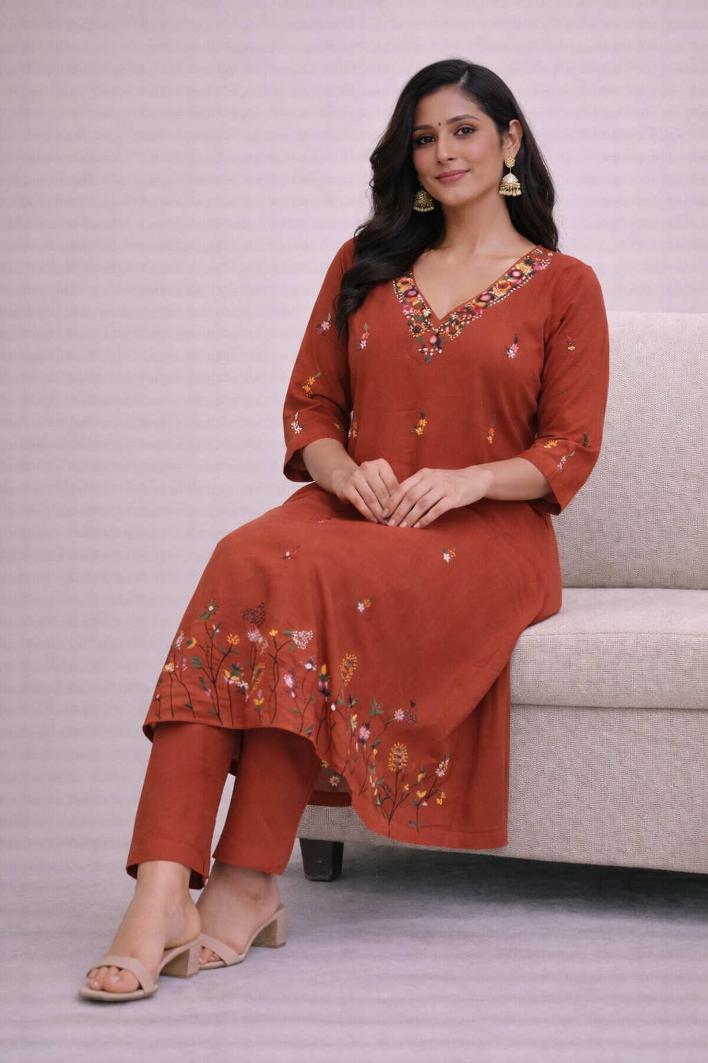 Size -3XL Trending Orange color with beautiful handwork Pure cotton 2 piece set