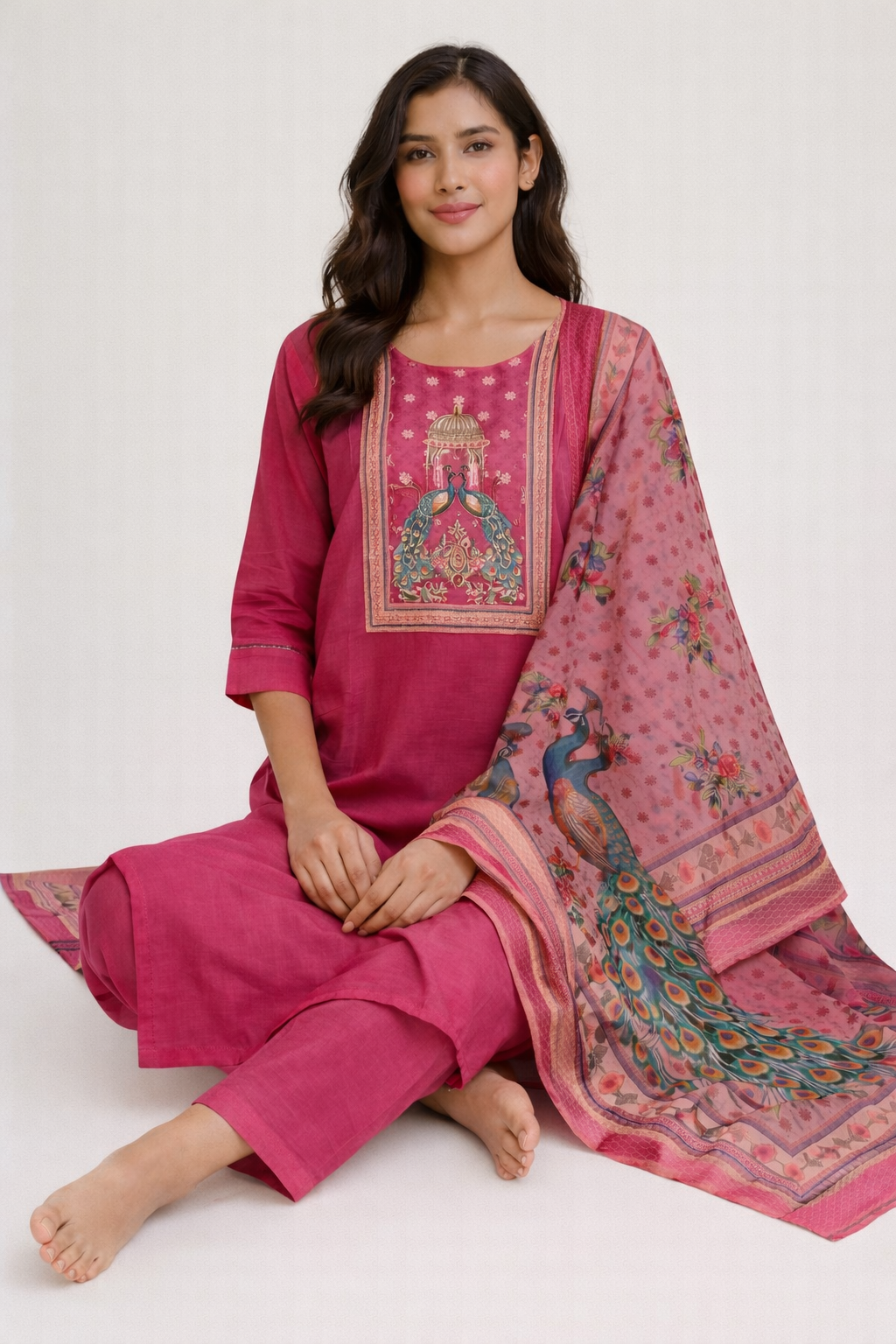 {Size-XL} Beautiful pink colour and peacock printed maggam work suit set