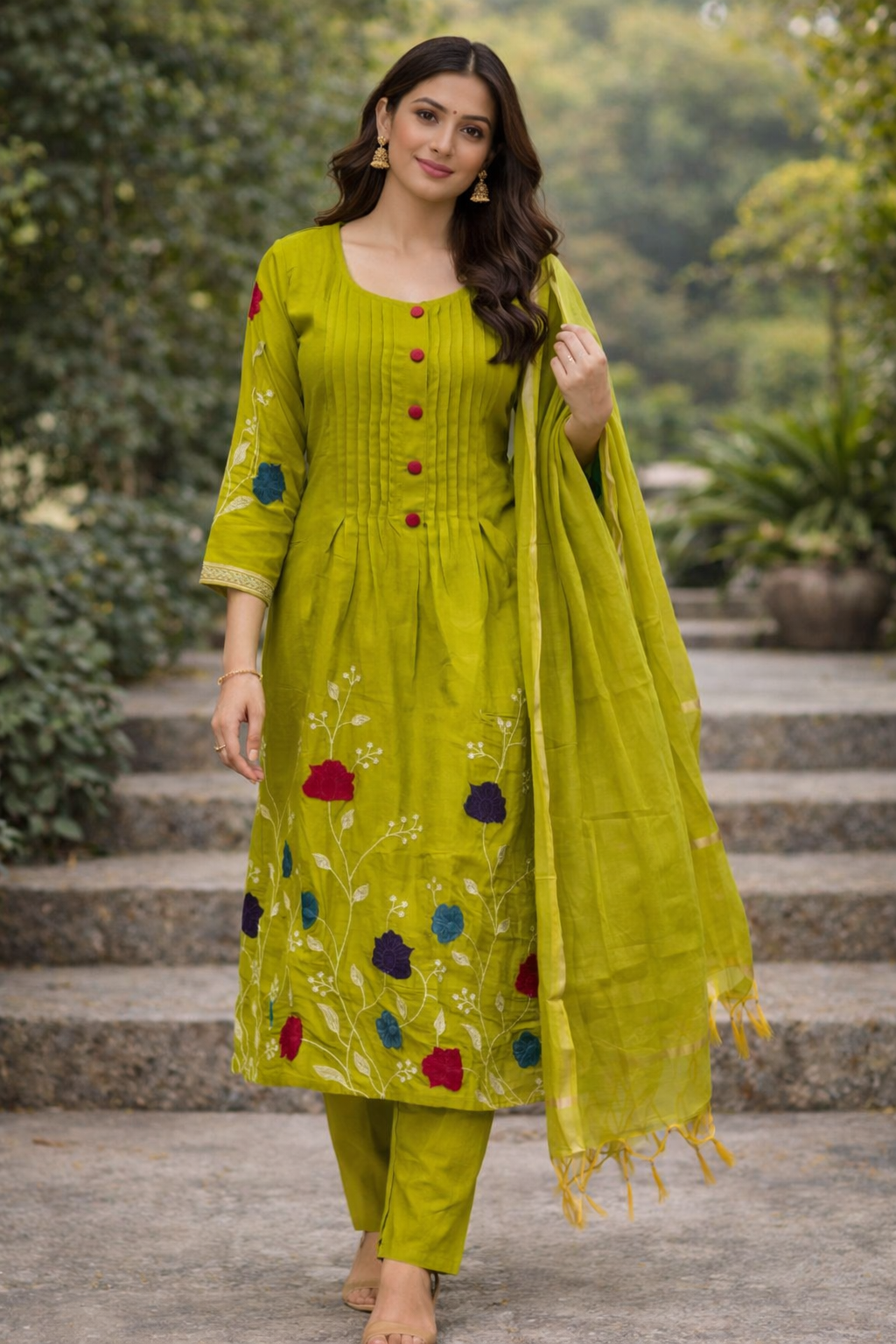 Beautiful parrot green umbrella cut thread work 3 piece suit set