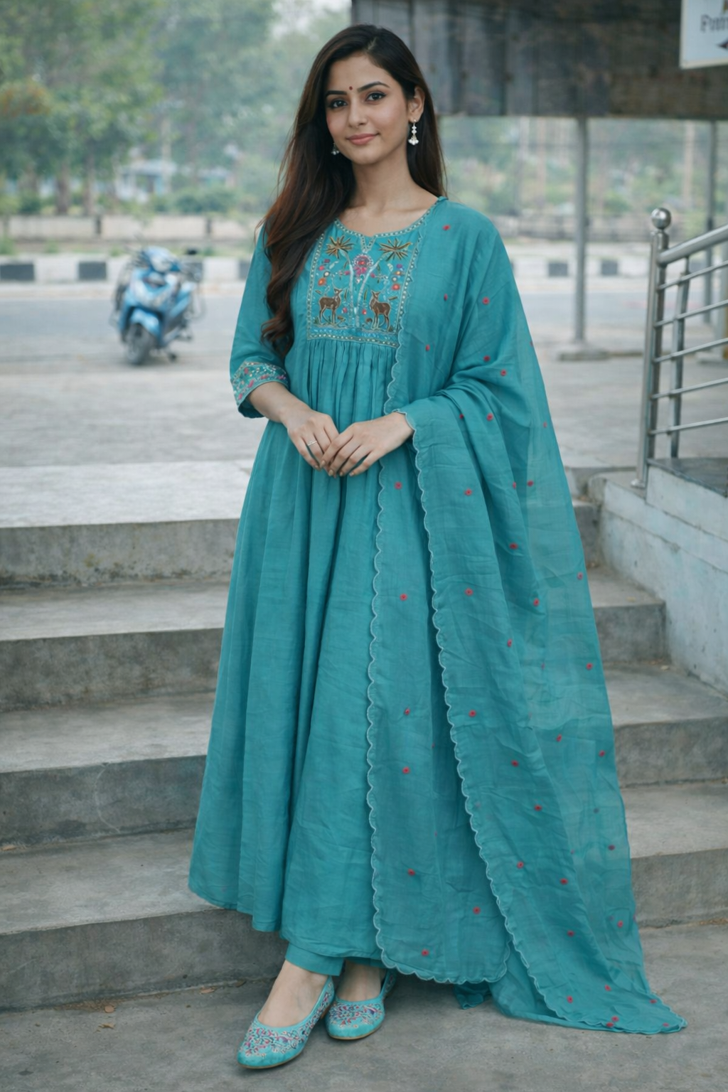 Size-XXL Trending Mul chanderi in Beautiful sea blue color 3 piece anarkali suit set with matching shoe pair