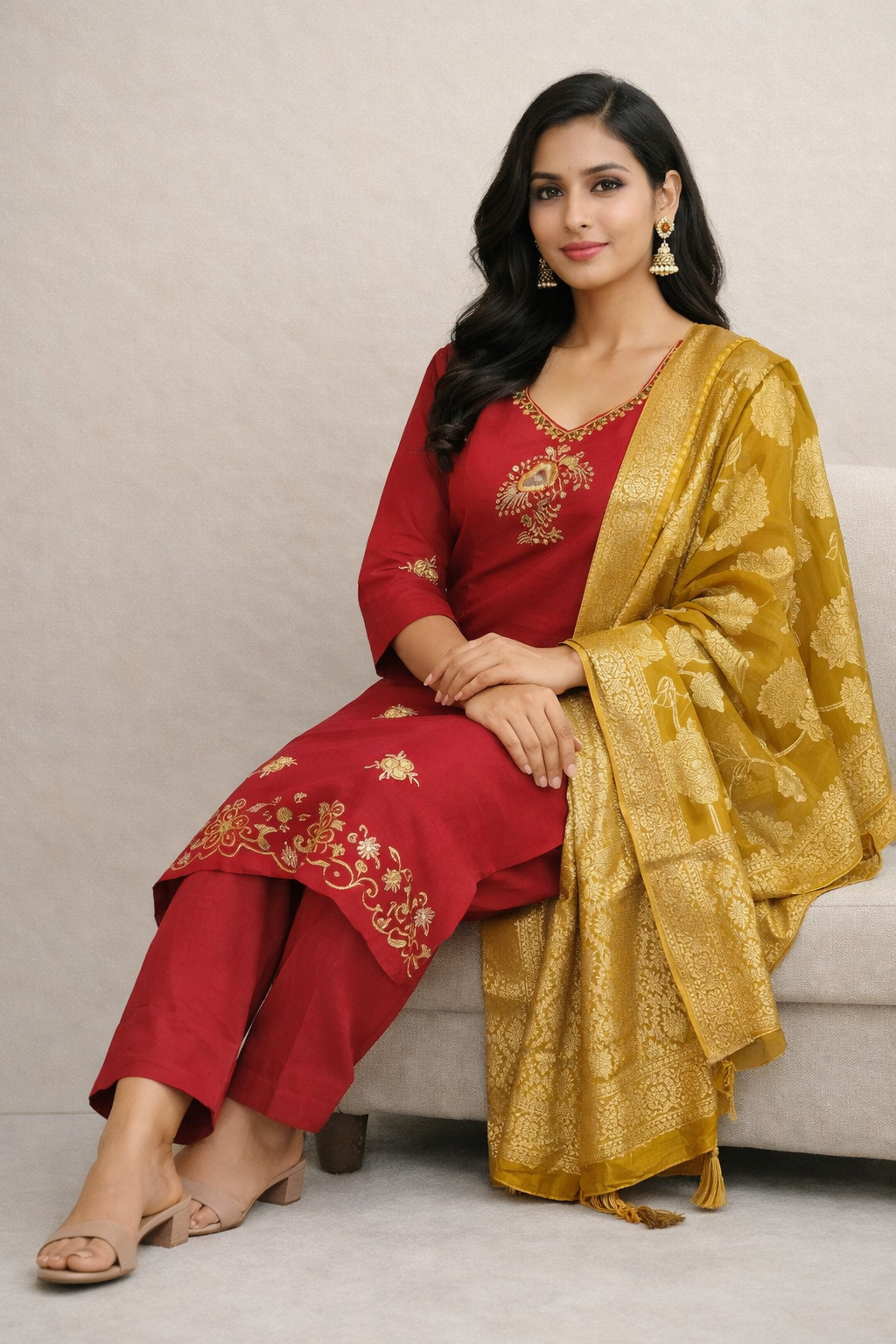 Size-XXL Beautiful party wear dark pink suit set with contrast duppata