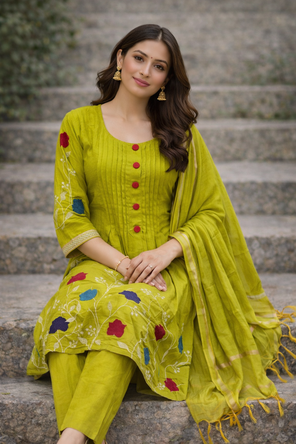 Beautiful parrot green umbrella cut thread work 3 piece suit set