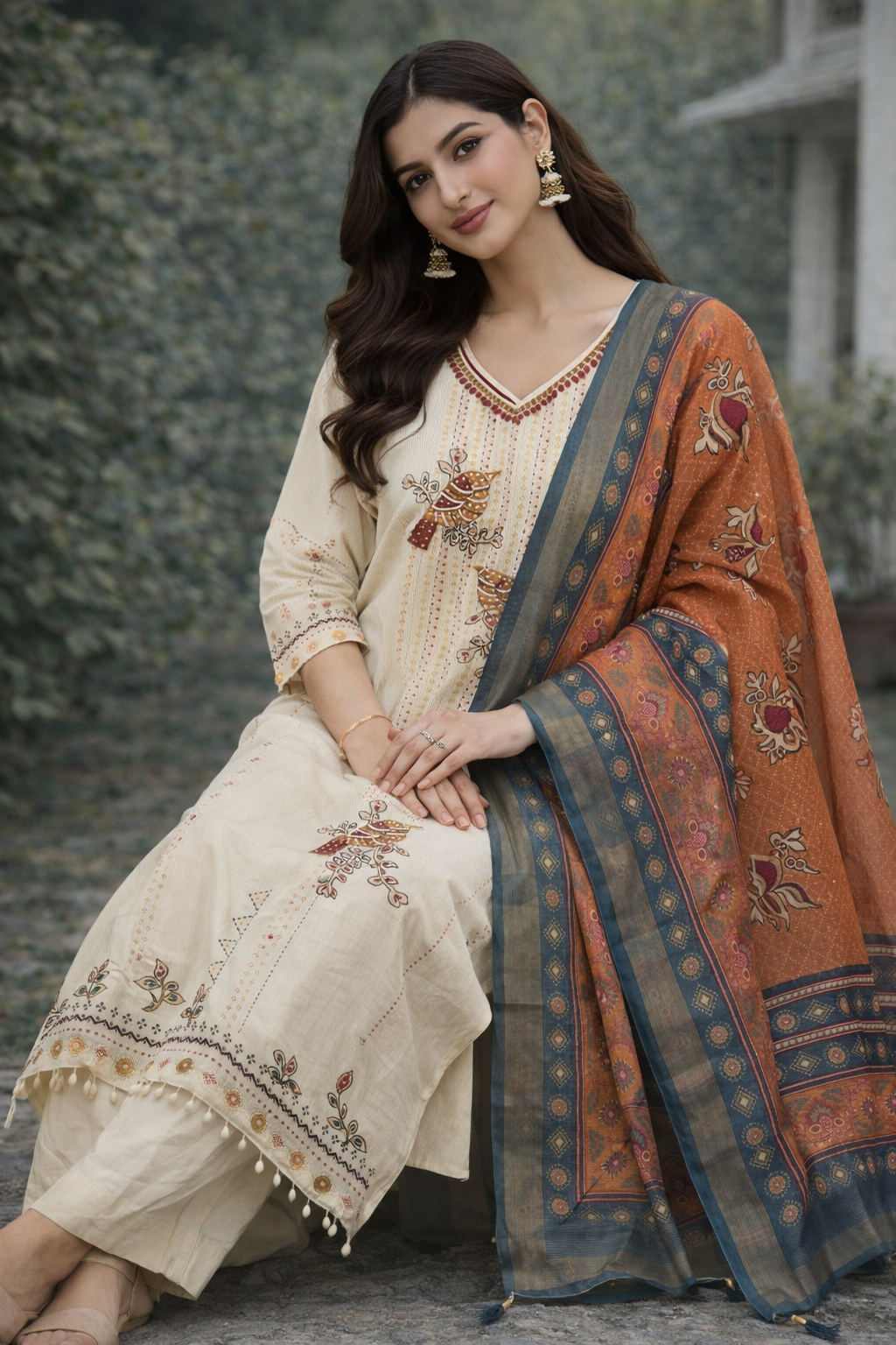 {Size-M} Beautiful cream color party wear 3 piece suit set heavy maggam work