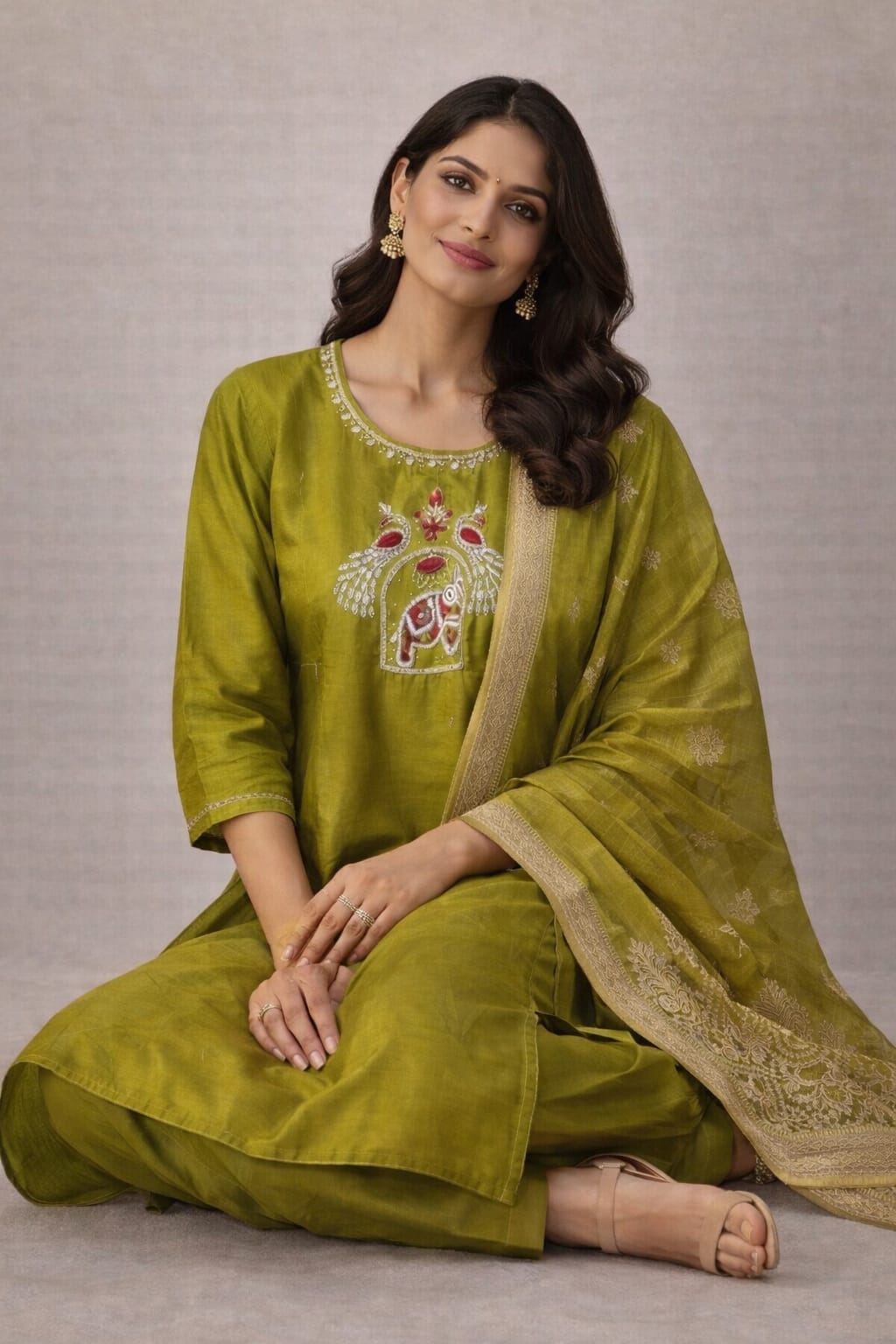 {Size-L} Graceful olive green Colour 3 piece suit set (Copy)