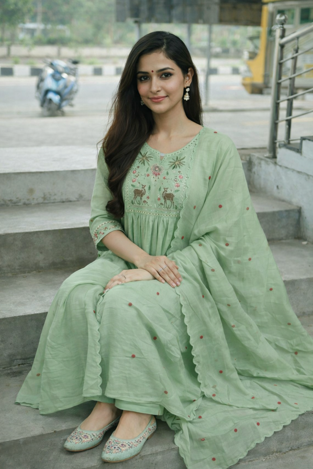 Size-XXL Trending Mul chanderi in Beautiful pista green color 3 piece anarkali suit set with matching shoe pair