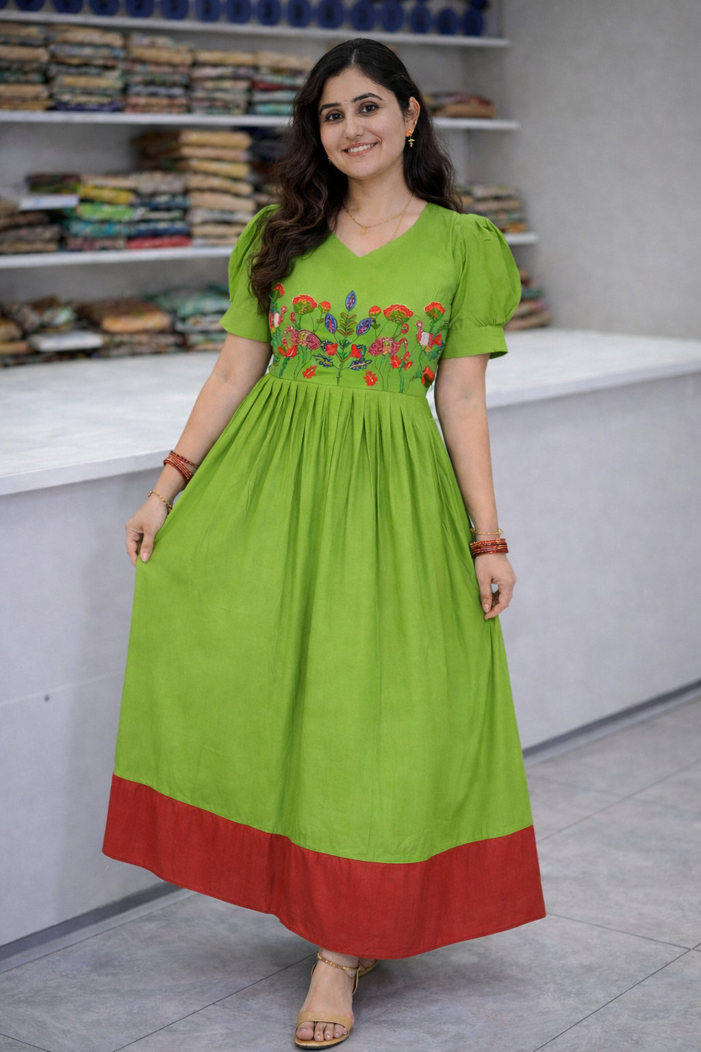 {Size-L} Trending Mul cotton parrot green color frock