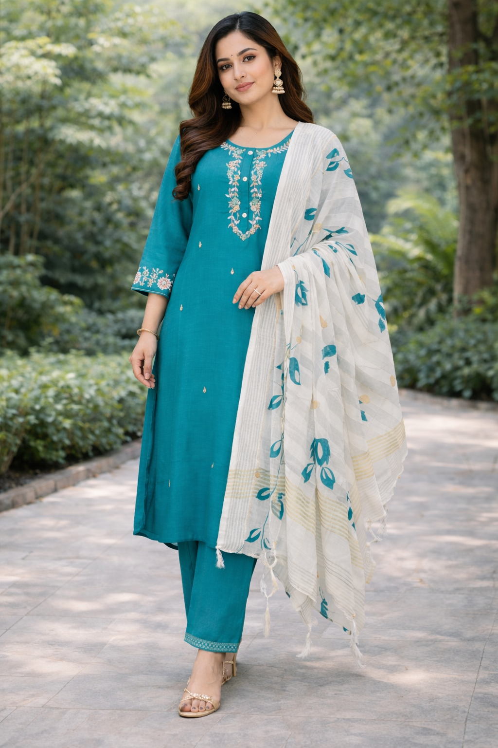 Size-3xl Gracefully sea blue color maggam work 3 piece suit set