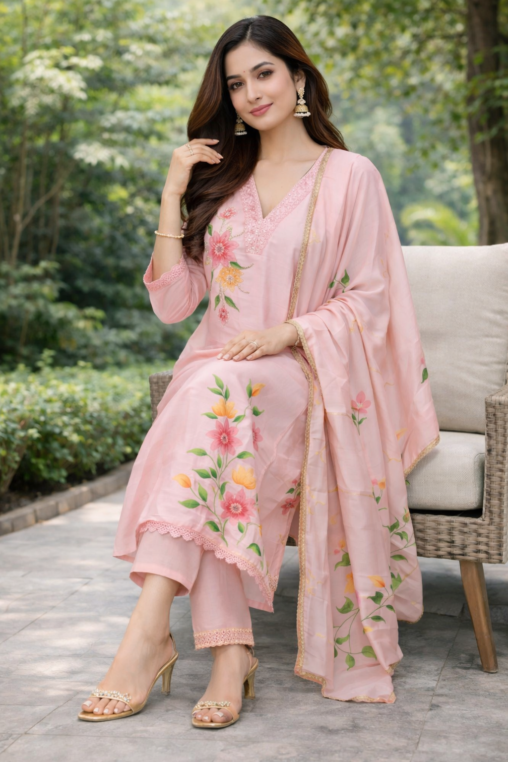 Size-XXL Graceful Baby pink brush paint 3 piece suit set