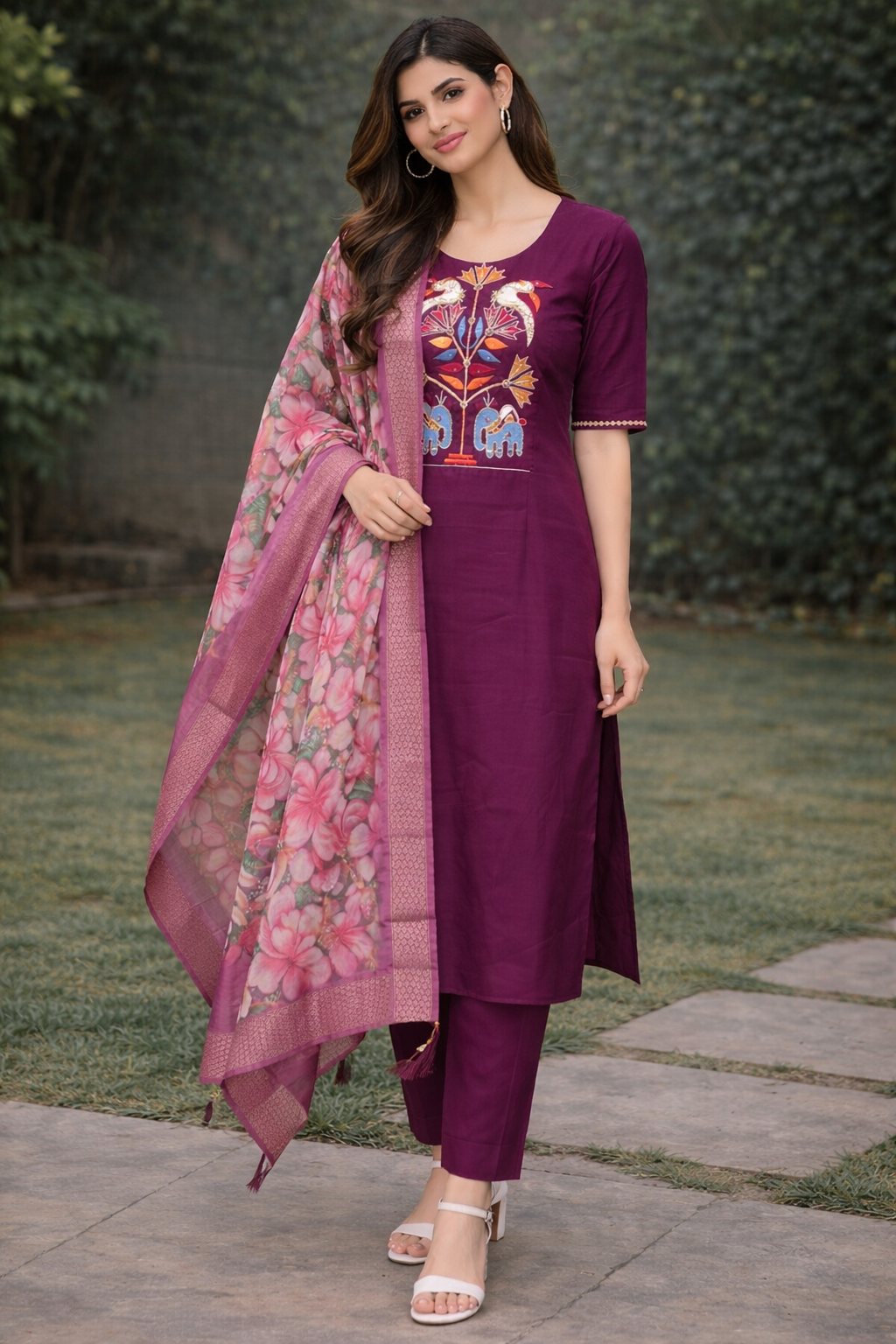 Size-L Graceful 3 piece e suit set in grape wine color