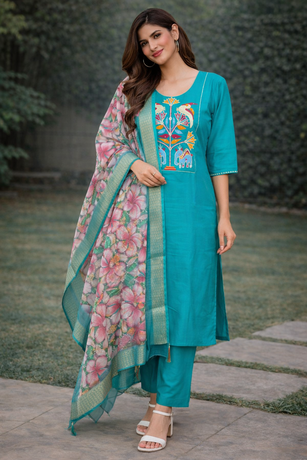 Size-L Graceful 3 piece e suit set in green color