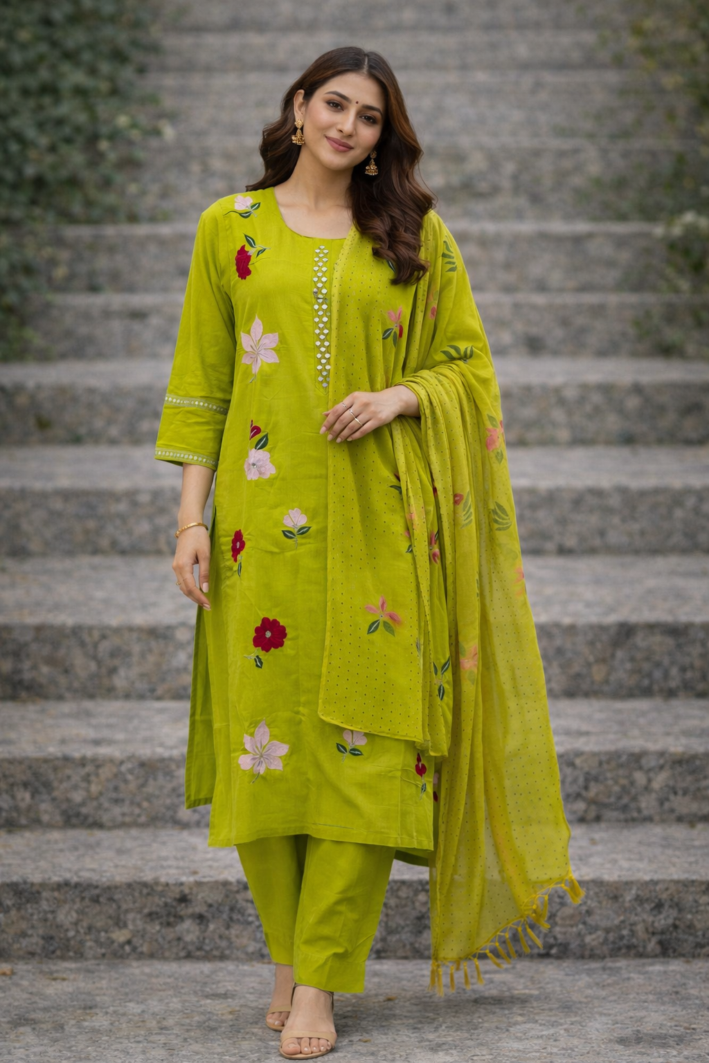 {Size-M} Beautiful lime green color 3 piece suit set