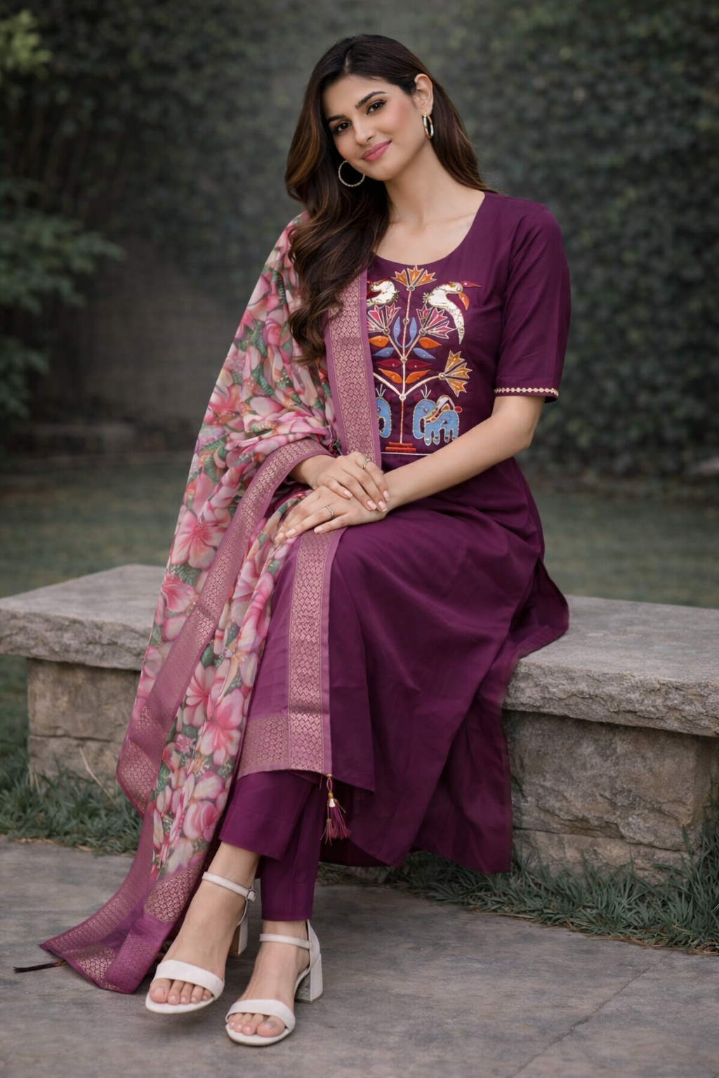 Size-L Graceful 3 piece e suit set in grape wine color