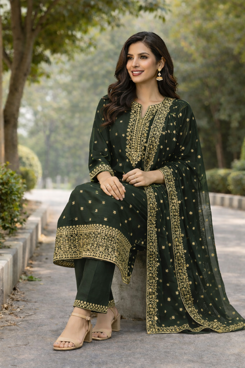 Size-XXL Gorgeous green color anarkali. Vichitra silk