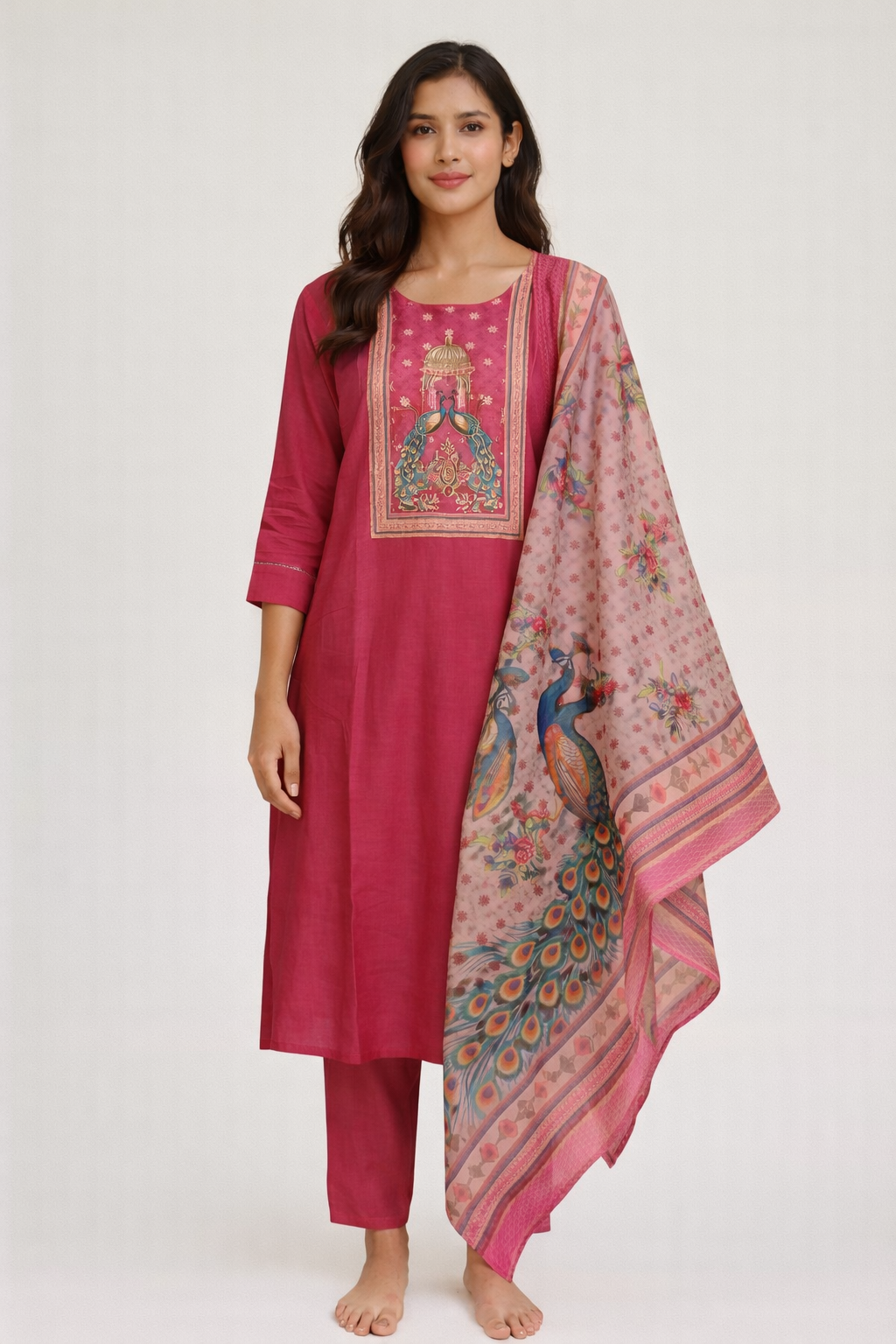 {Size-XL} Beautiful pink colour and peacock printed maggam work suit set