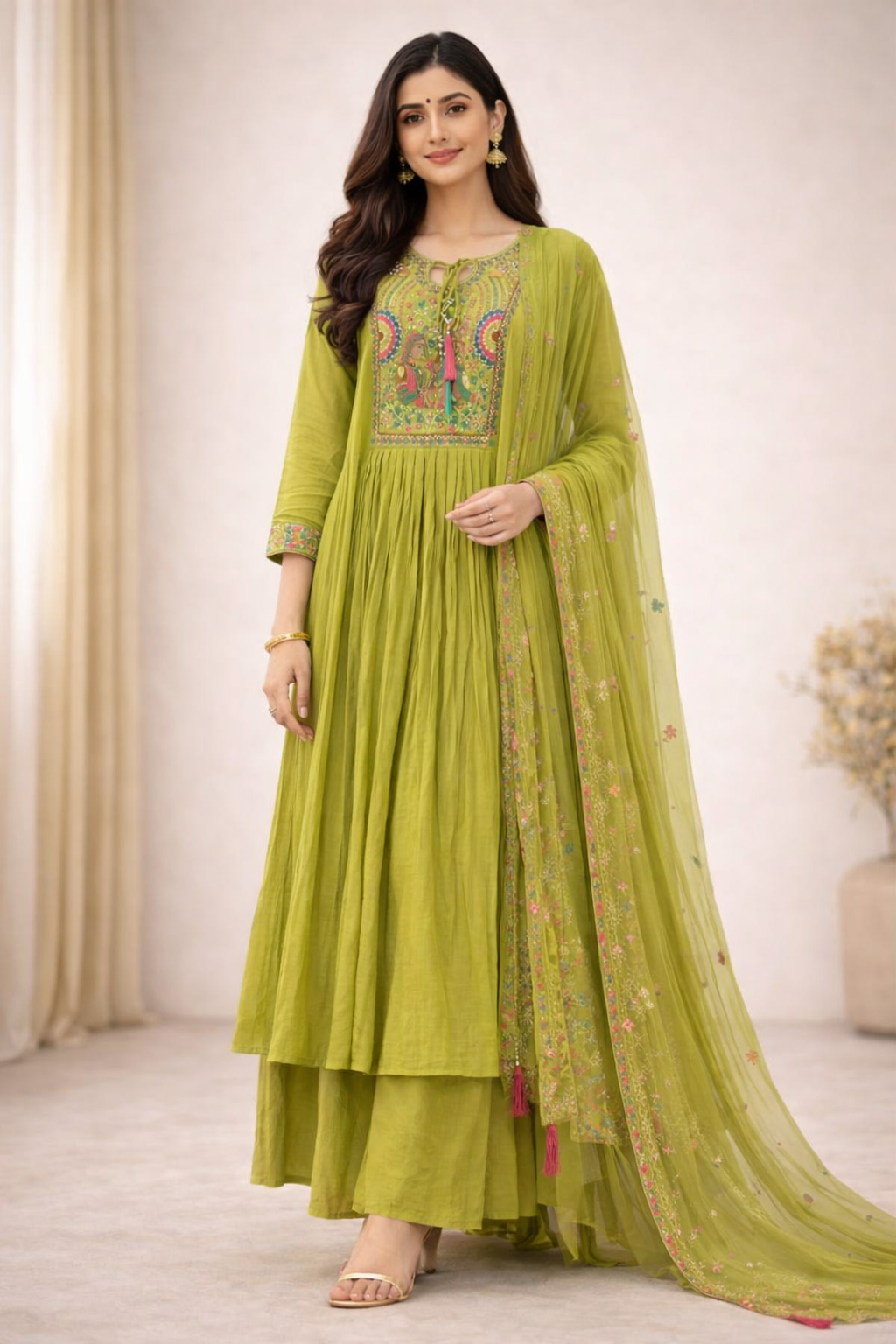 {Size-XXL}Beautiful parrot green color 3 piece umbrella cut suit set
