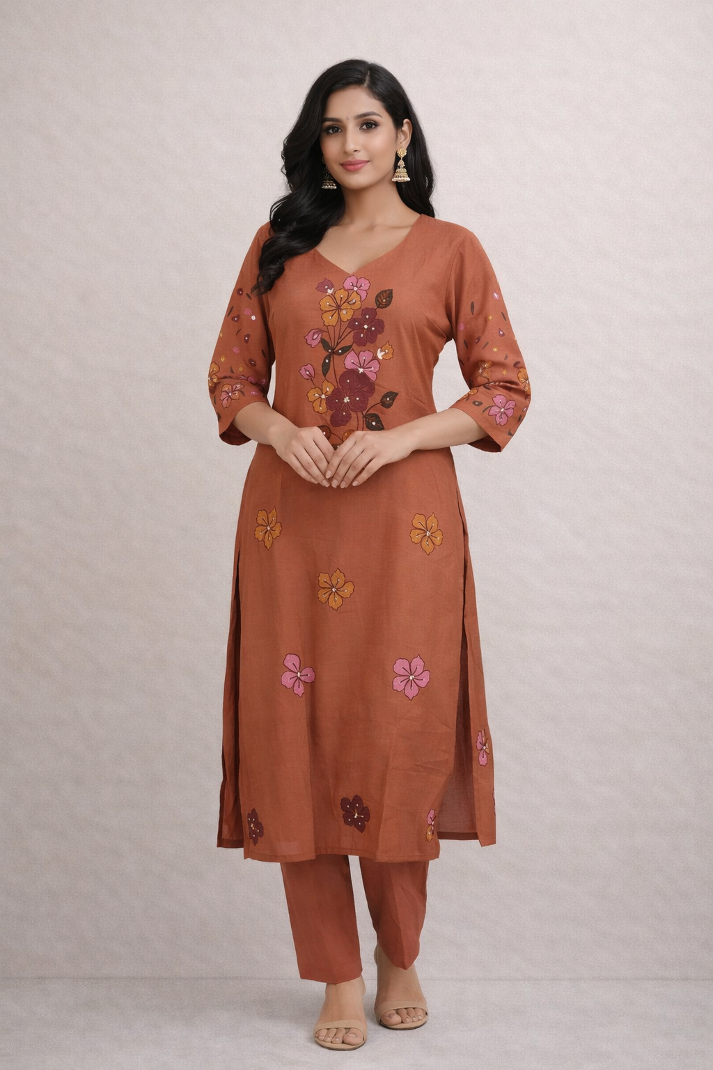 Size-L Trending rust orange 2 piece suit set with brush paint