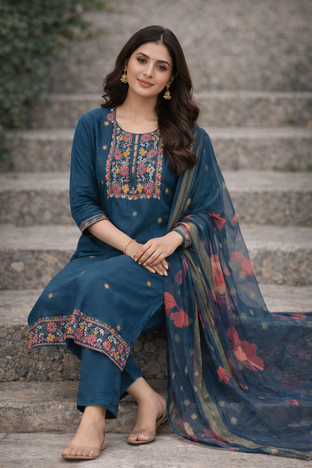 {Size-XXL} Beautiful teal blue color thread work 3 piece suit