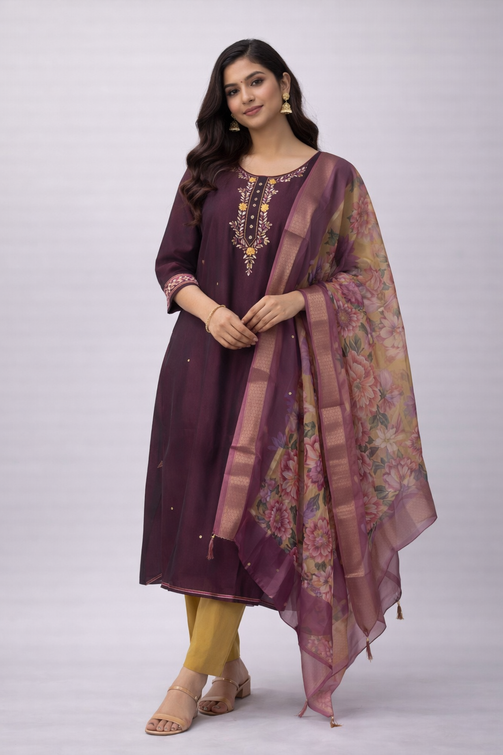 Size-XL Graceful Grape Wine color 3 piece suit set Zardosi work
