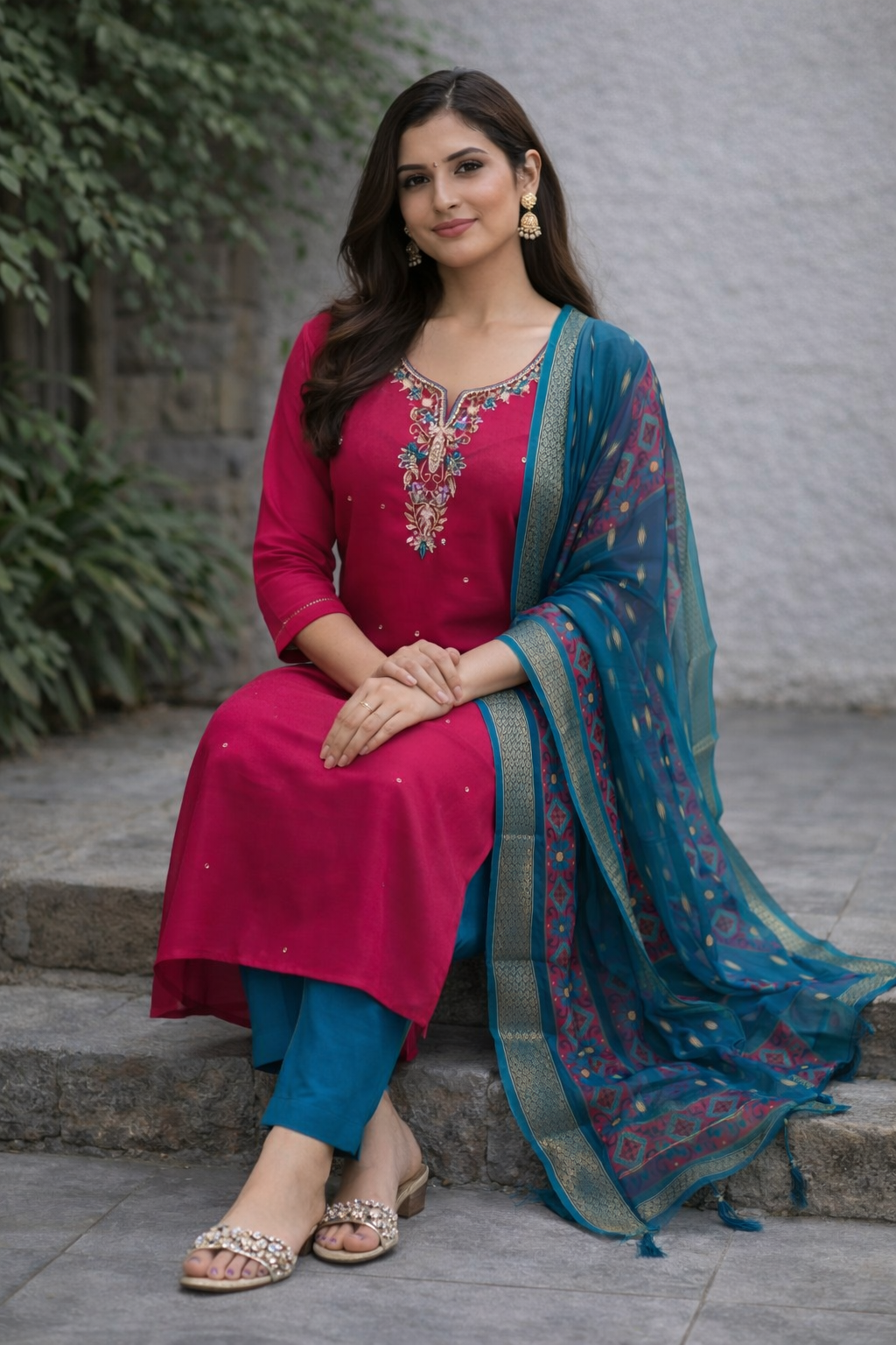 Beautiful Pink colour maggam work 3 piece suit set