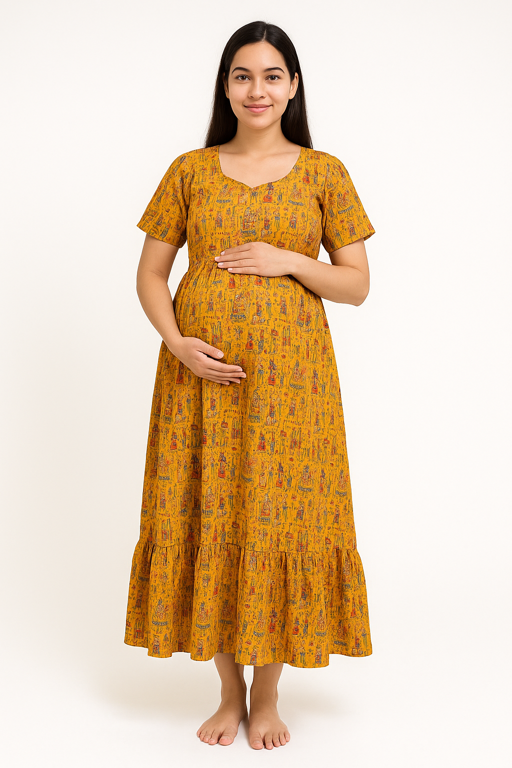 Beautiful cotton Yellow colour kalamkari maternity dress