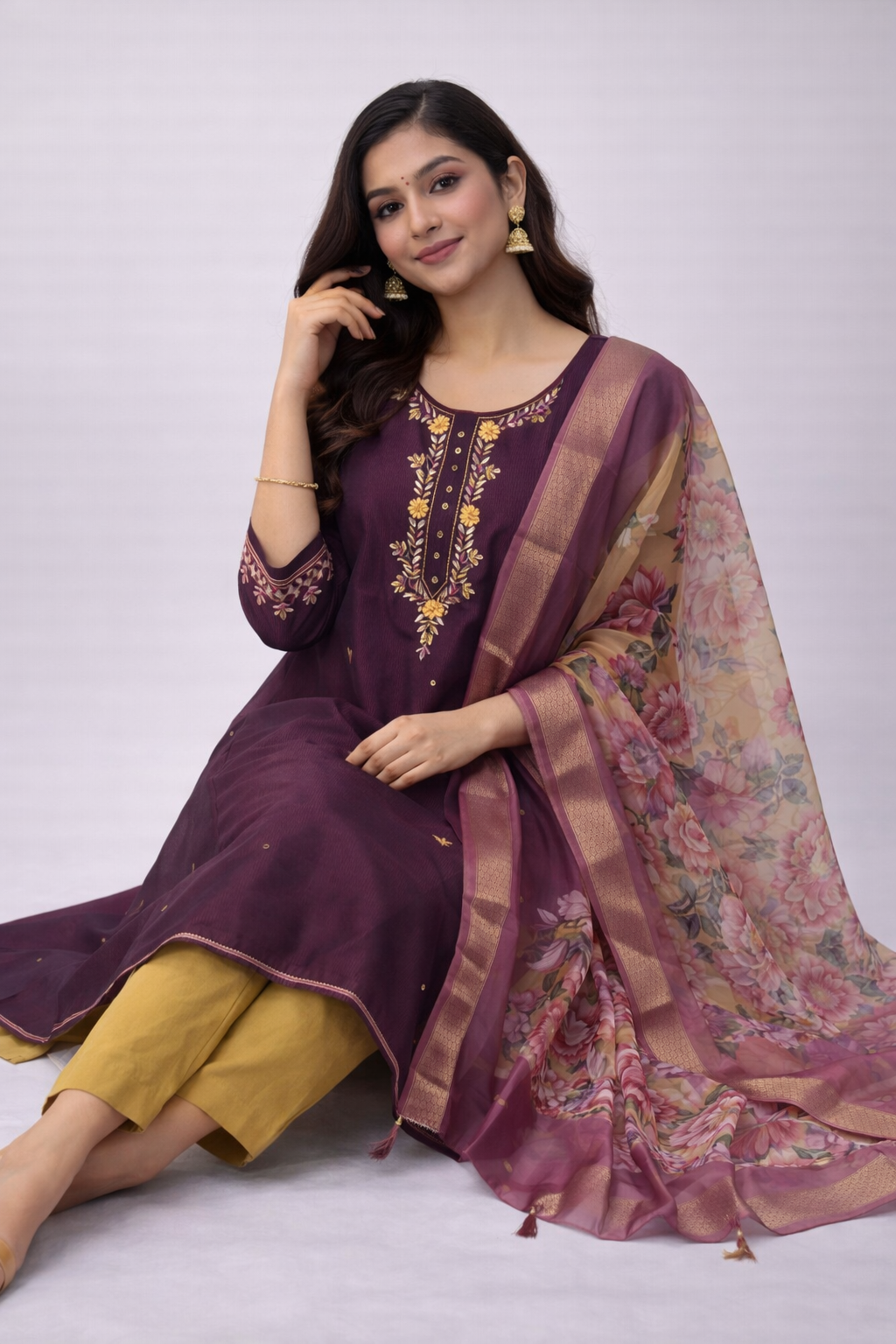 Size-XL Graceful Grape Wine color 3 piece suit set Zardosi work