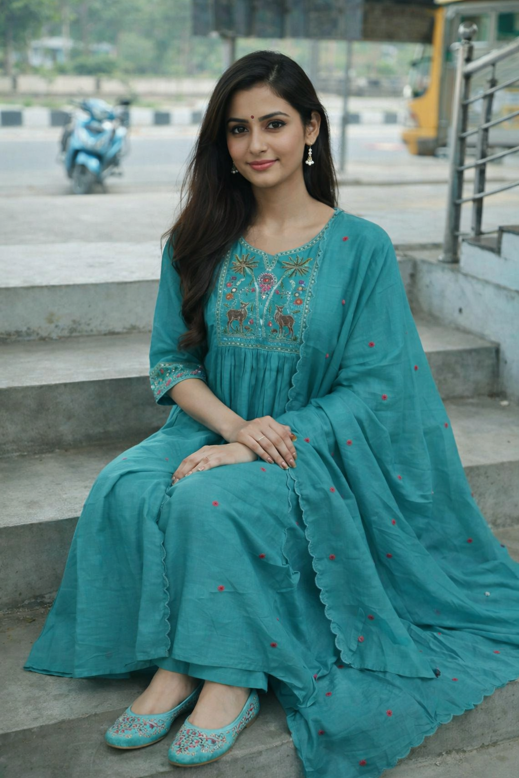 Size-XXL Trending Mul chanderi in Beautiful sea blue color 3 piece anarkali suit set with matching shoe pair