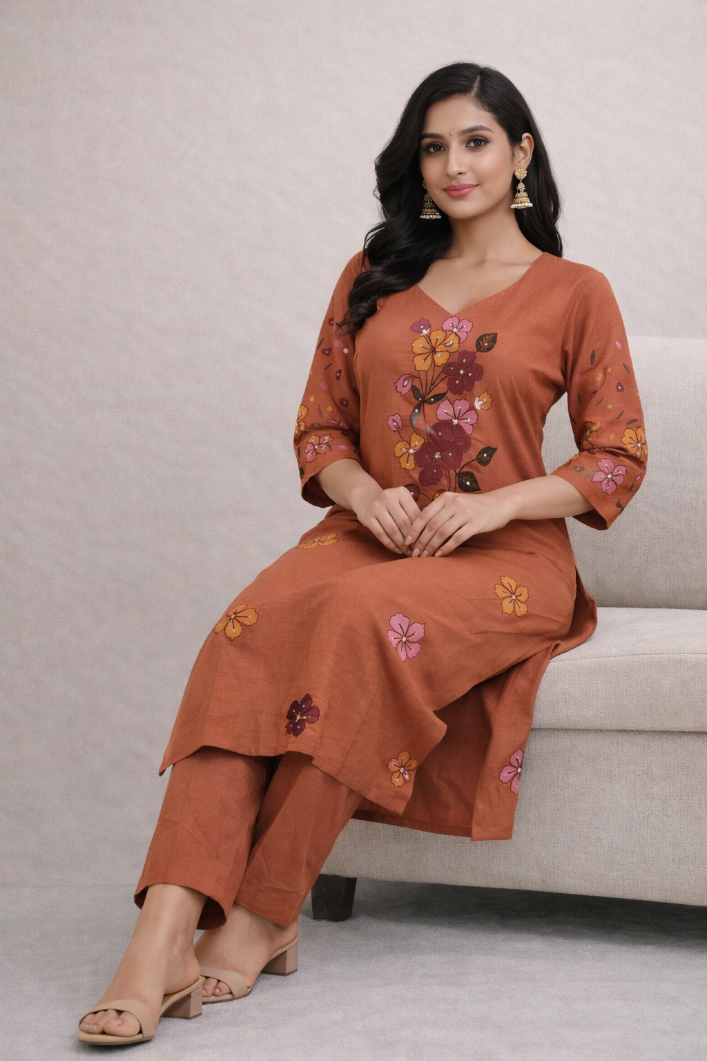 Size-L Trending rust orange 2 piece suit set with brush paint